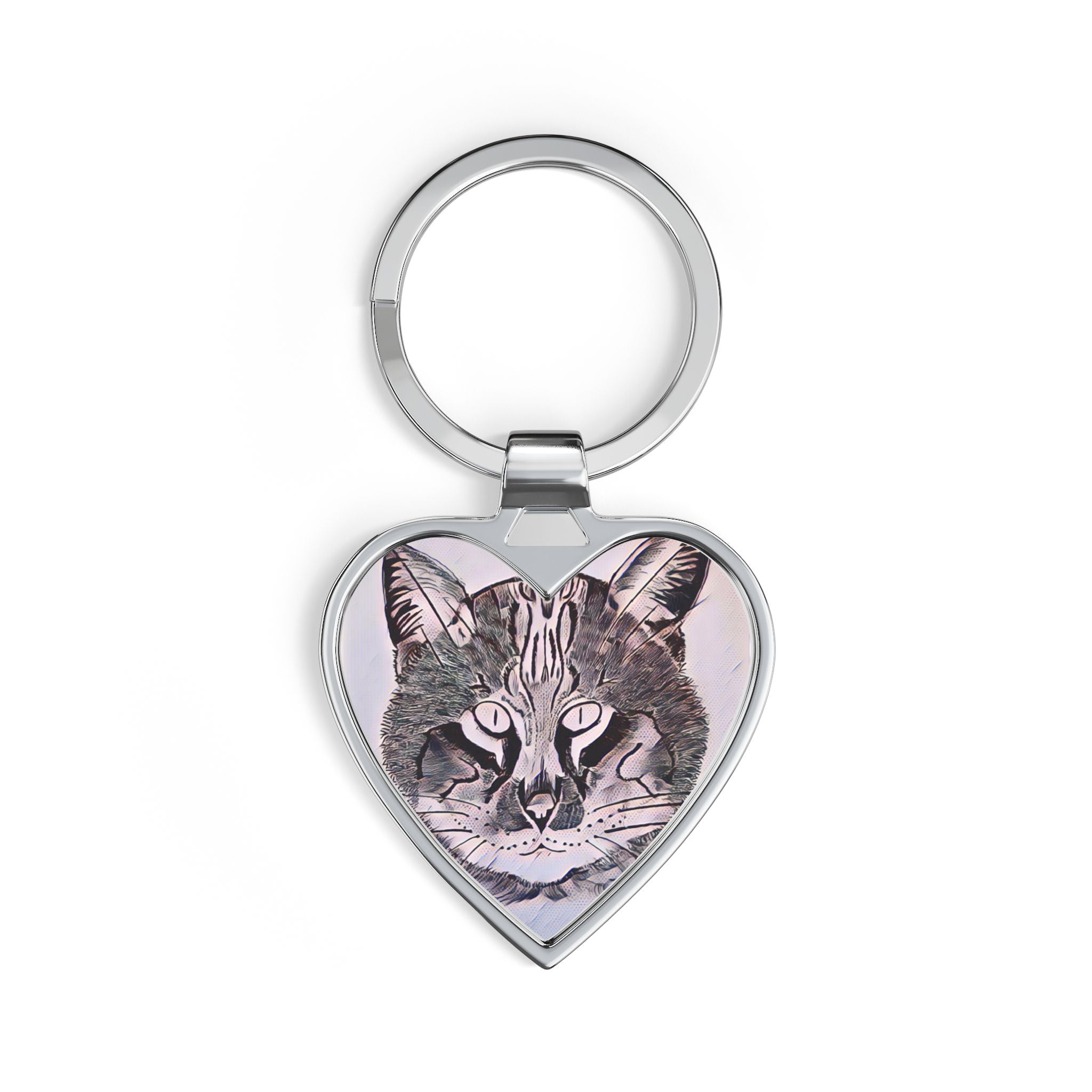 Heart Cat Keychain — Vintage Lynx Portrait Heart-Shaped Keyring