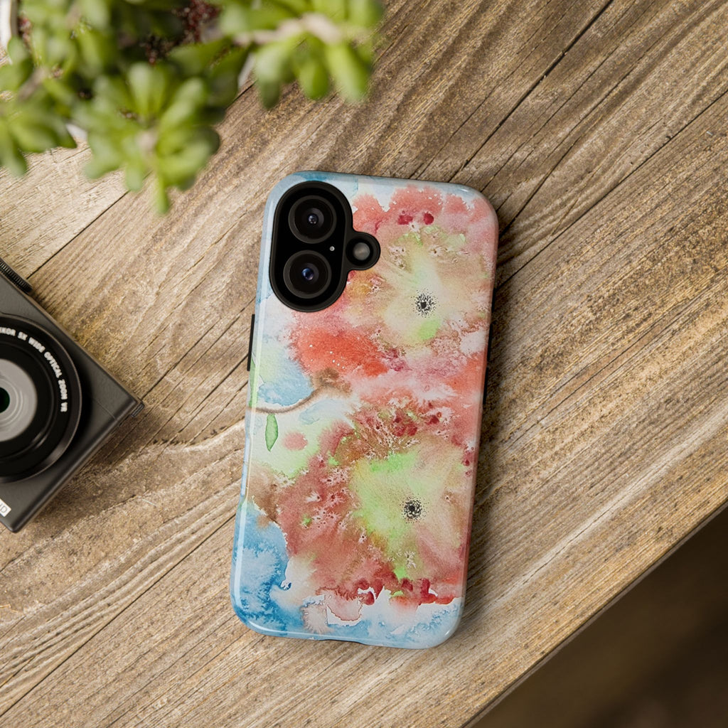 Floral Watercolor Tough Phone Case — Pastel Pink & Blue Protective Cover