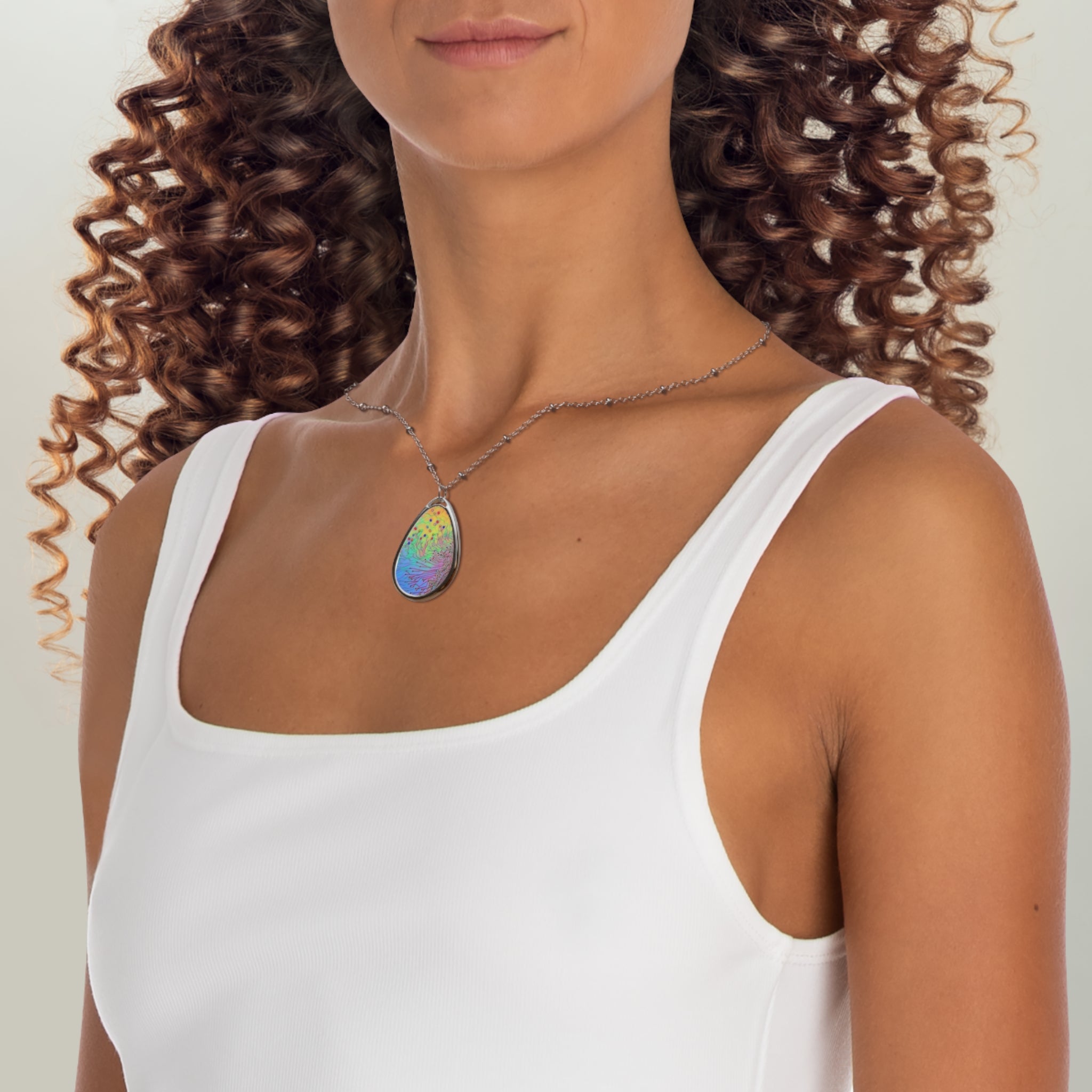Rainbow Teardrop Oval Necklace — Iridescent Abstract Pendant Jewelry