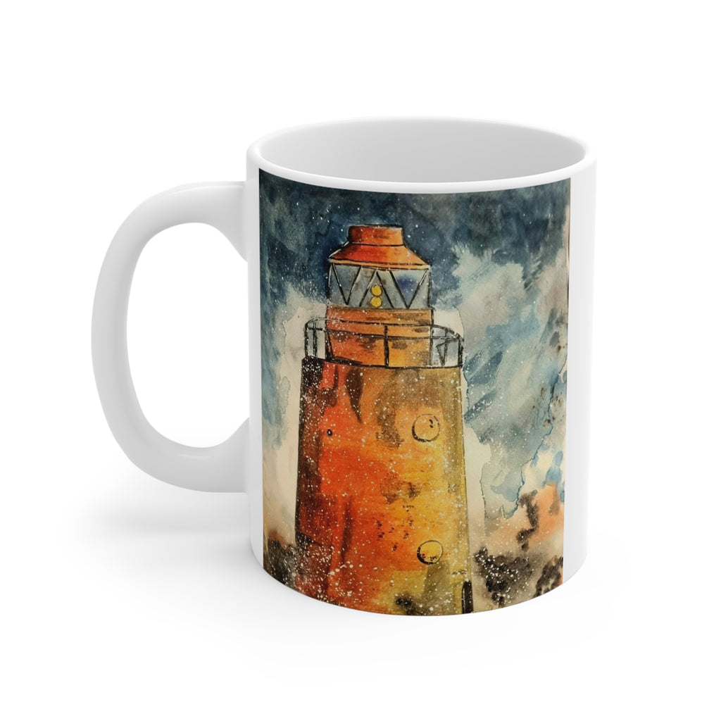 Lighthouse Watercolor Ceramic Mug — 11oz Nautical Coffee Cup
