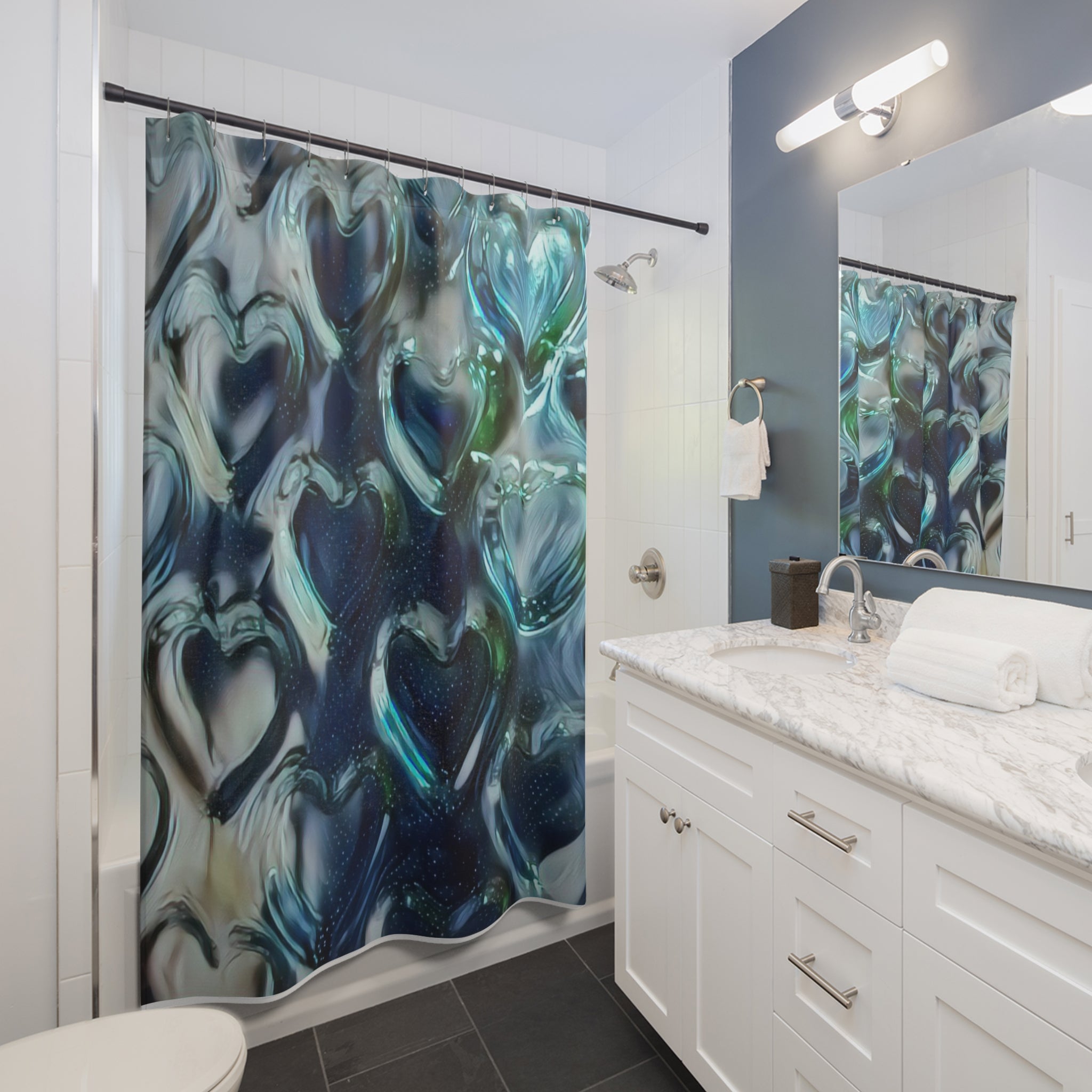 Blue Glass Heart Shower Curtain — Oceanic Romantic Bathroom Decor