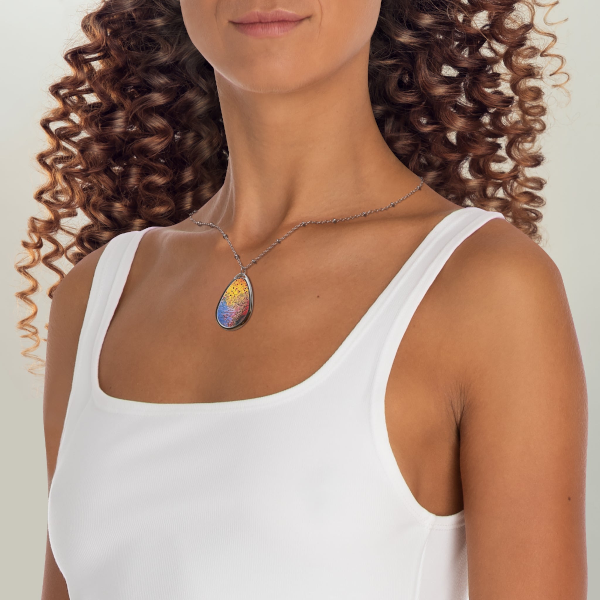 Color Burst Oval Pendant Necklace — Abstract Floral Art Teardrop Necklace