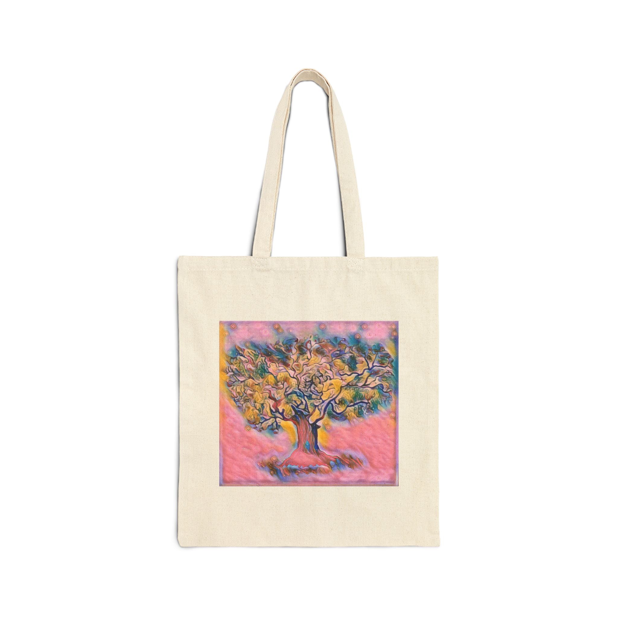 Canvas Tote Bag — Pink Dream Tree Art Tote, Boho Floral Market Bag
