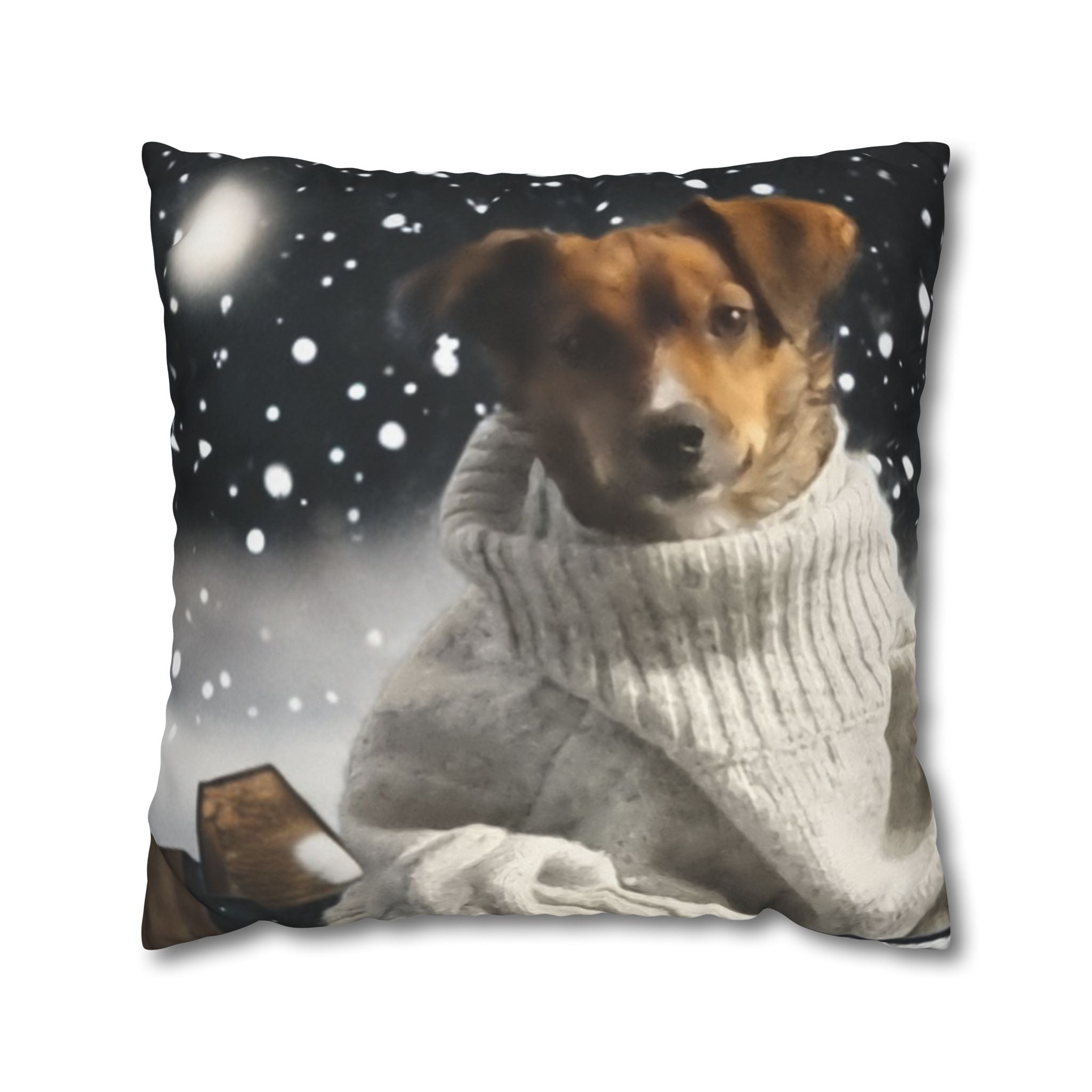 Cozy Winter Dog Pillowcase – Jack Russell/Dacshund in Sweater Snowy Throw Pillow Cover