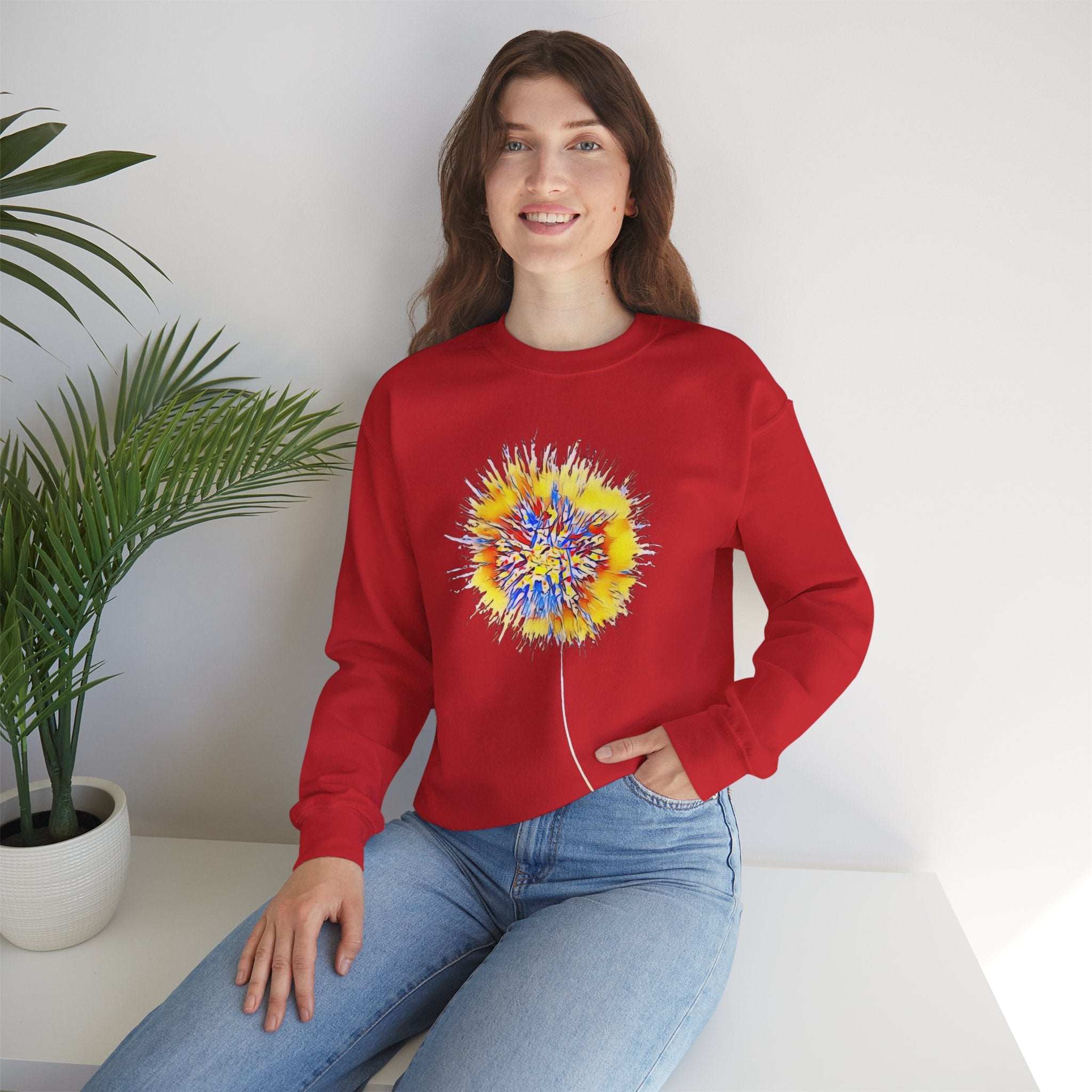 Sunburst Abstract Crewneck Sweatshirt — Colorful Floral Explosion Graphic