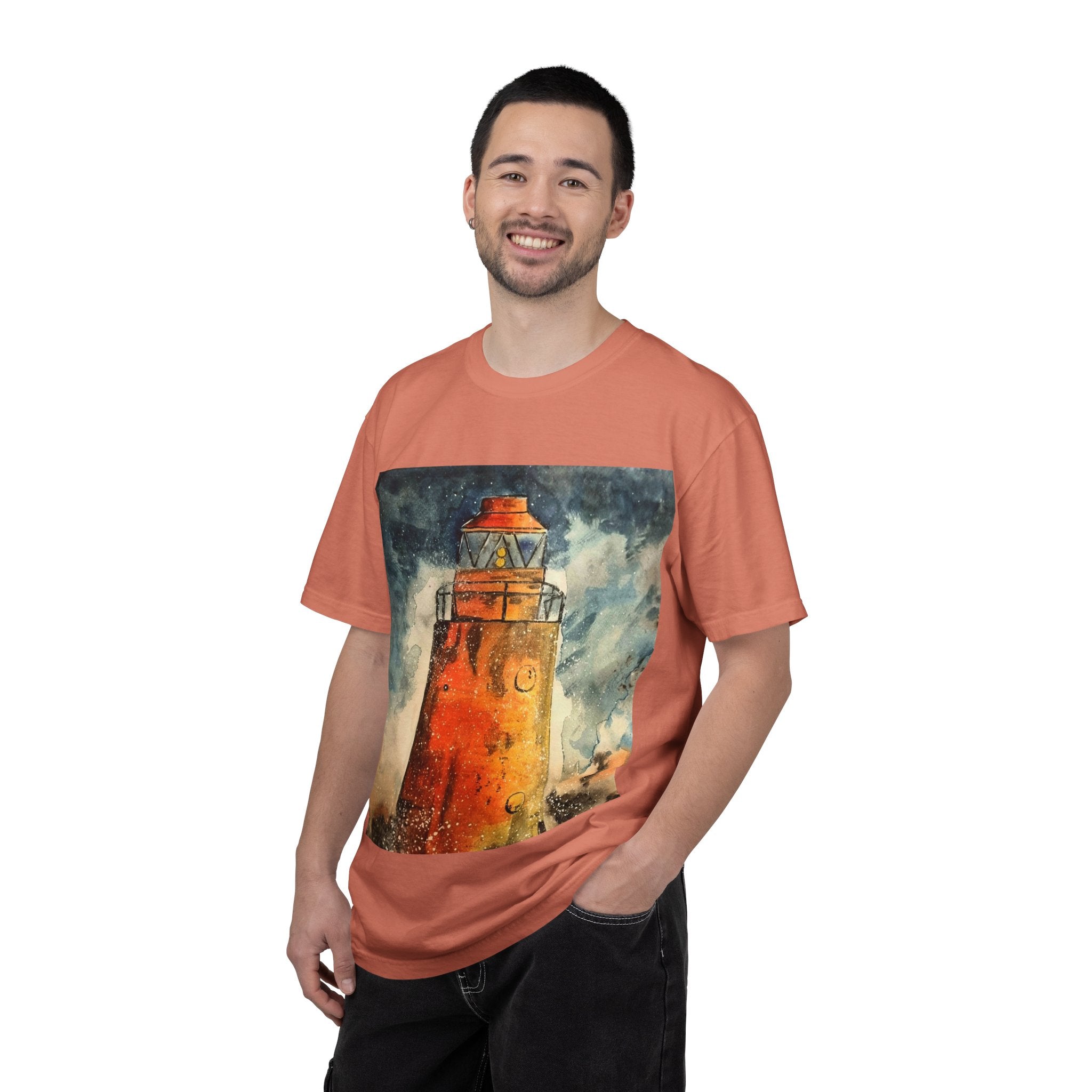 Orange Lighthouse Watercolor T-shirt | Nautical Coastal Art Tee | Beach Lover Gift