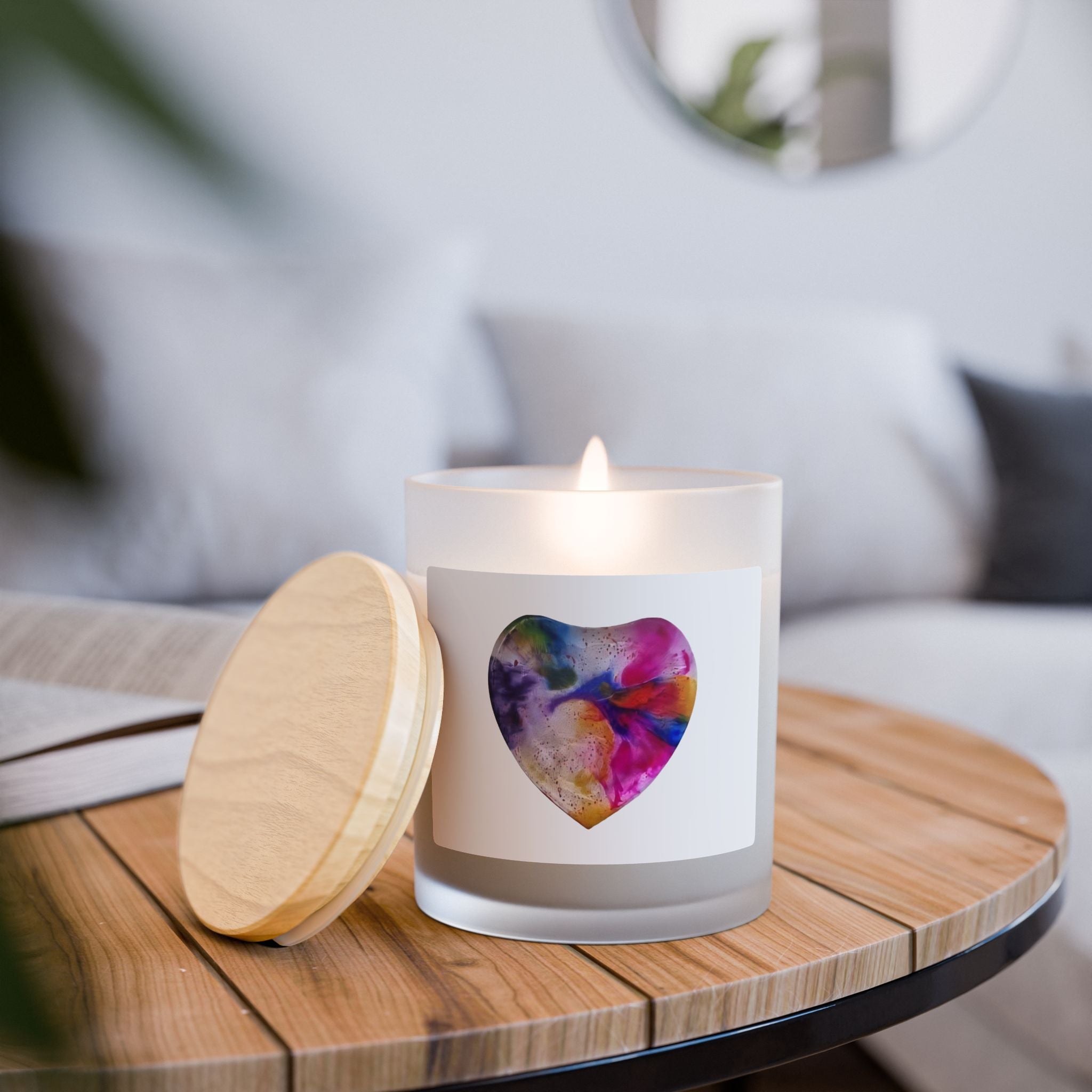 11oz Frosted Glass Candle — Colorful Heart Art Scented Candle