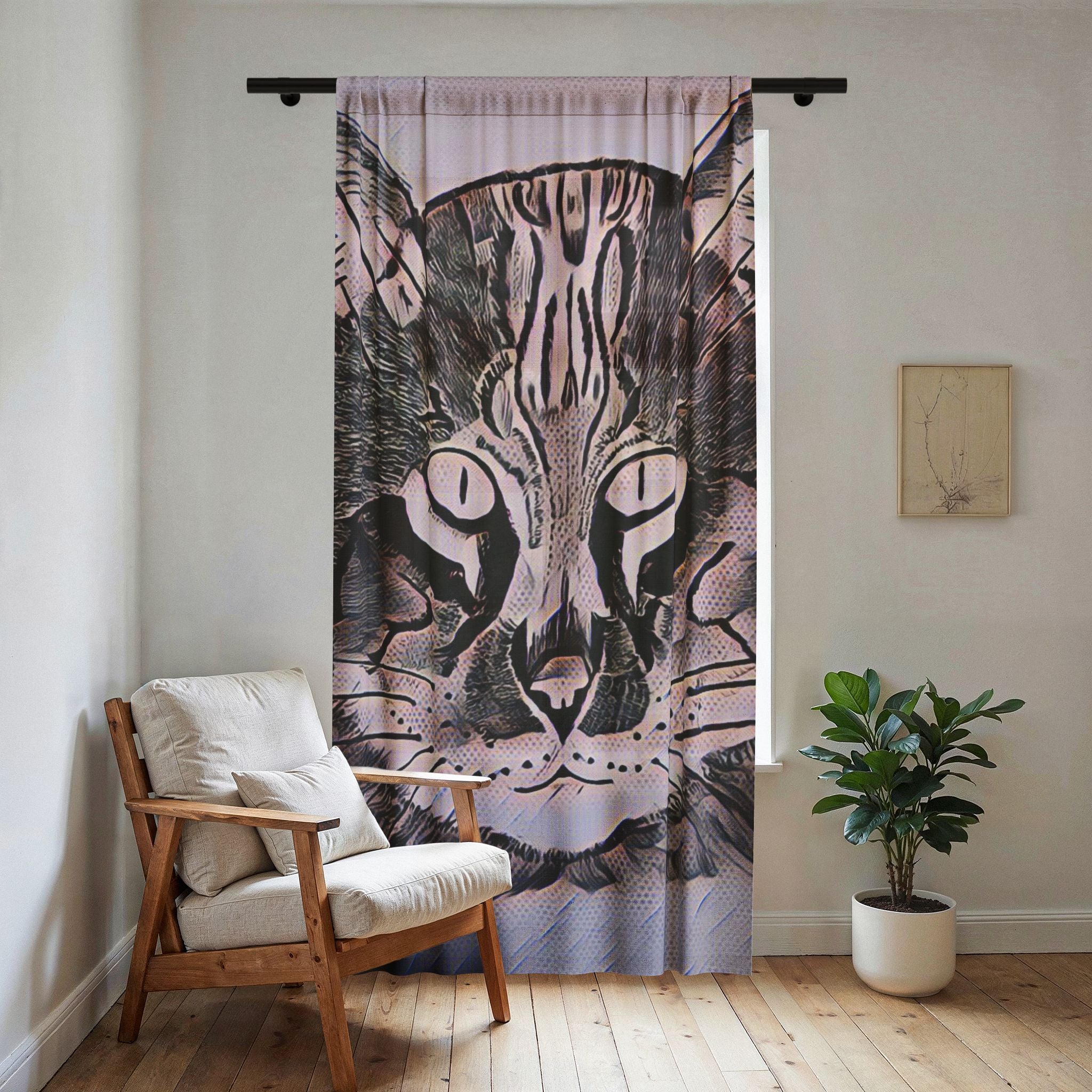 Sheer Cat Face Window Curtain — Artistic Lynx Portrait Sheer Drapery