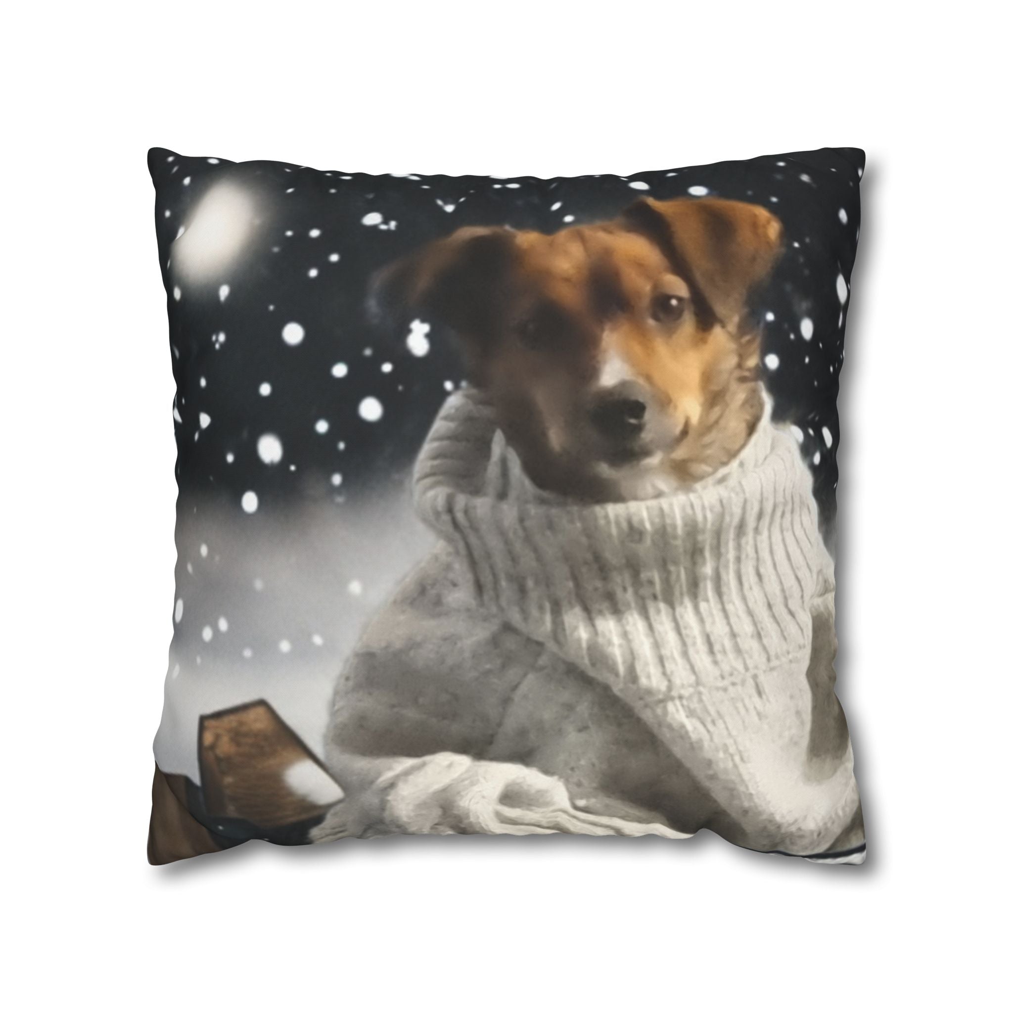 Cozy Winter Dog Pillowcase – Jack Russell/Dacshund in Sweater Snowy Throw Pillow Cover