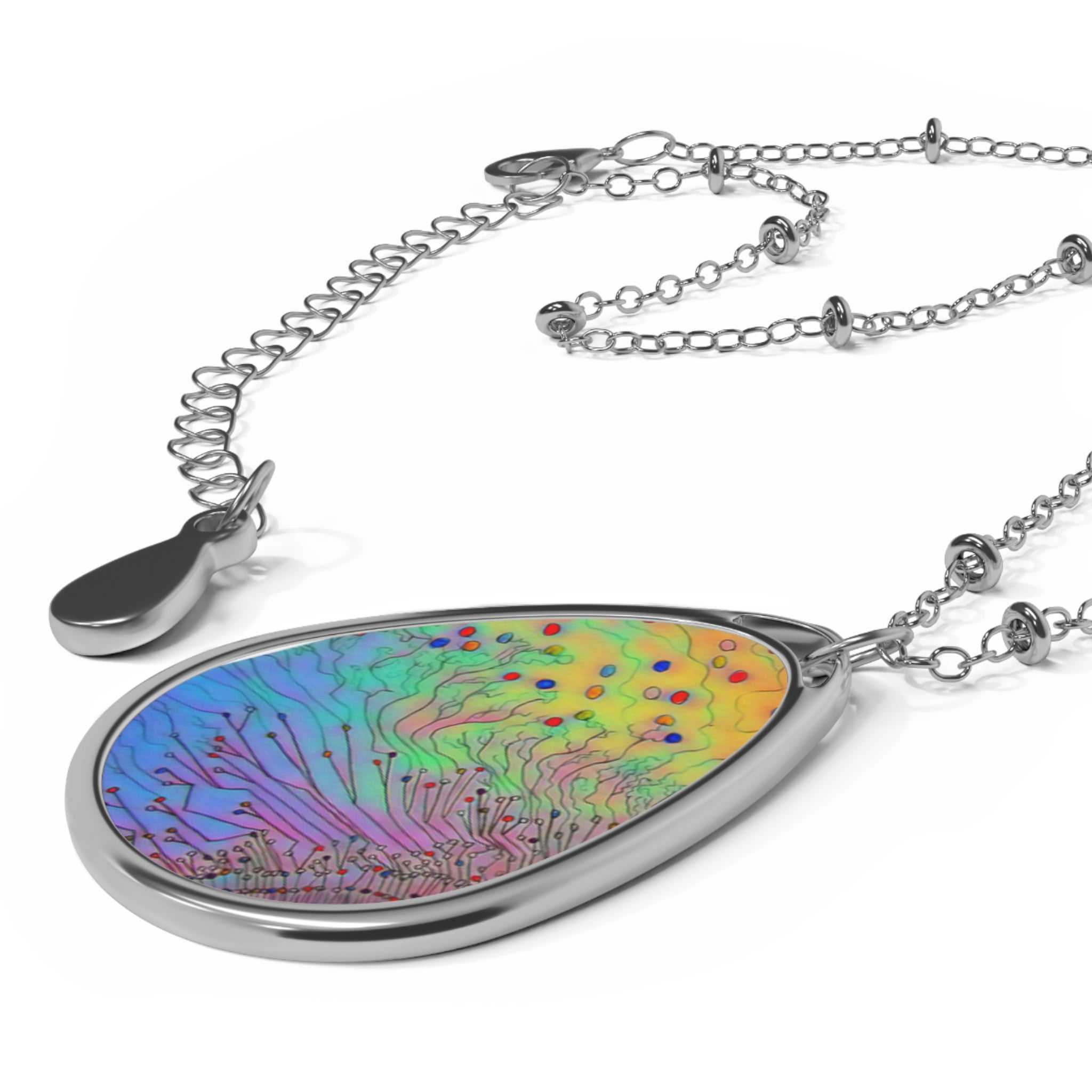 Rainbow Teardrop Oval Necklace — Iridescent Abstract Pendant Jewelry