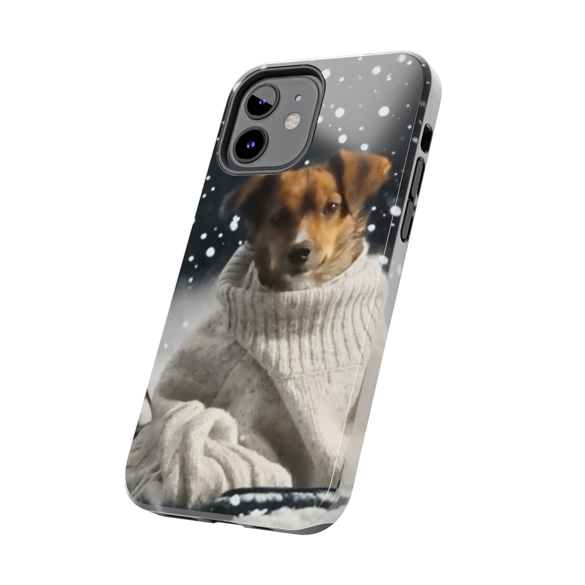 Winter Dog Tough Phone Case — Cute Puppy in Sweater Snowfall Protective Cover
