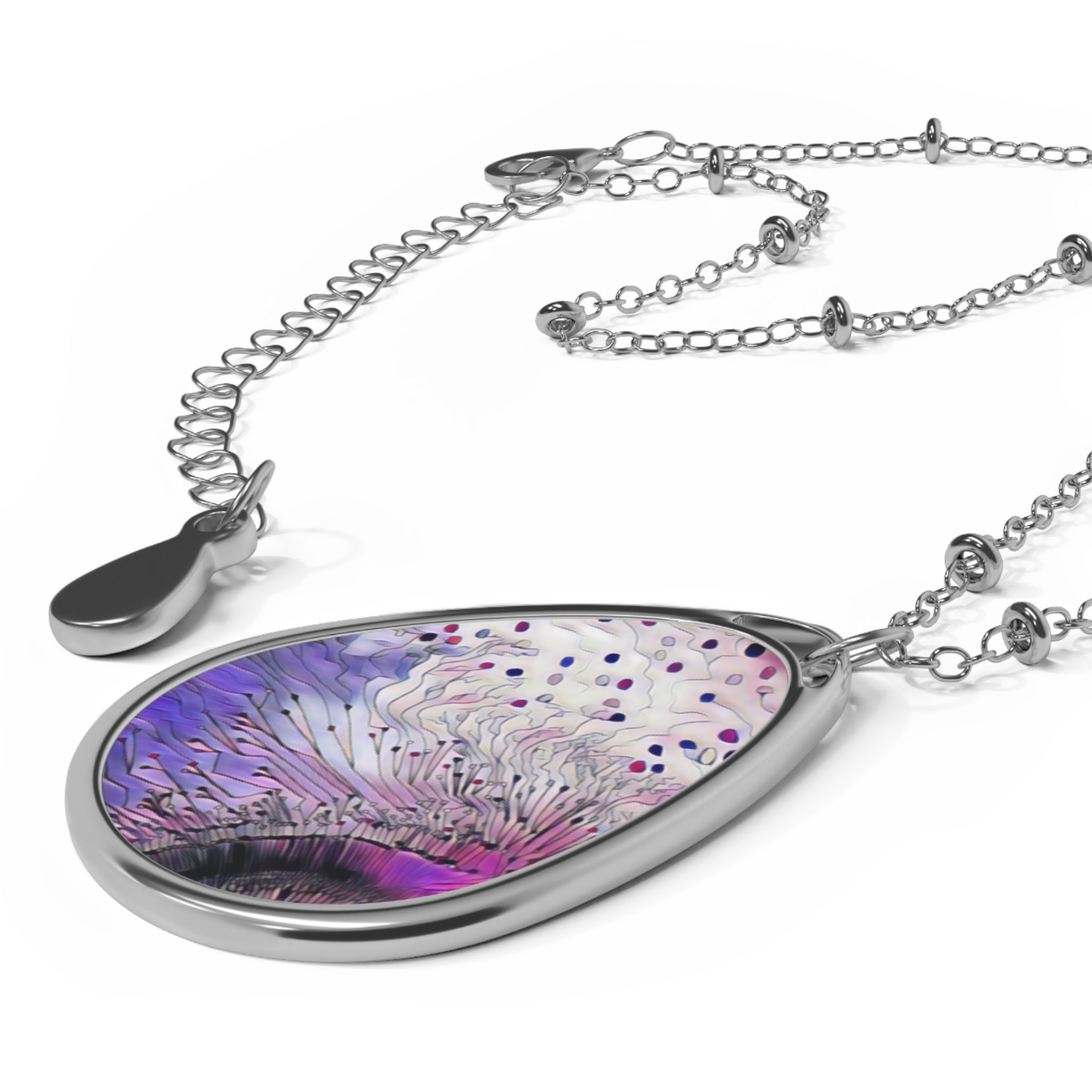 Oval Pendant Necklace — Purple Abstract Feather Art Teardrop Necklace