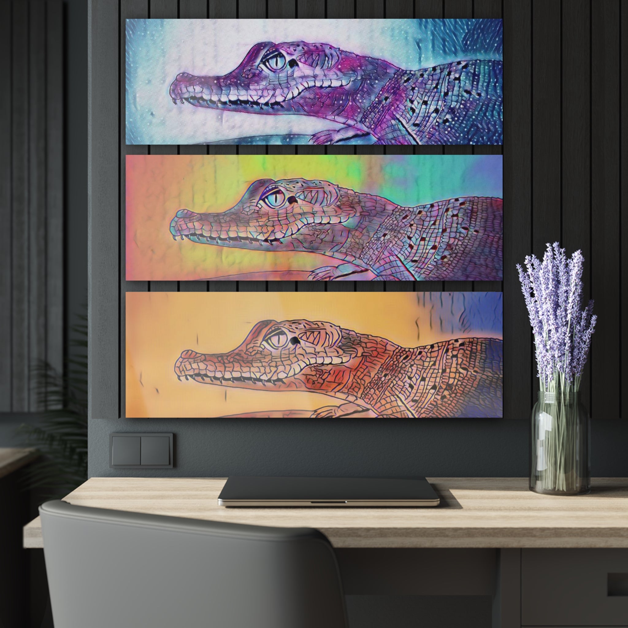 Colorful Triptych Alligator Acrylic Wall Art — Vibrant Panorama