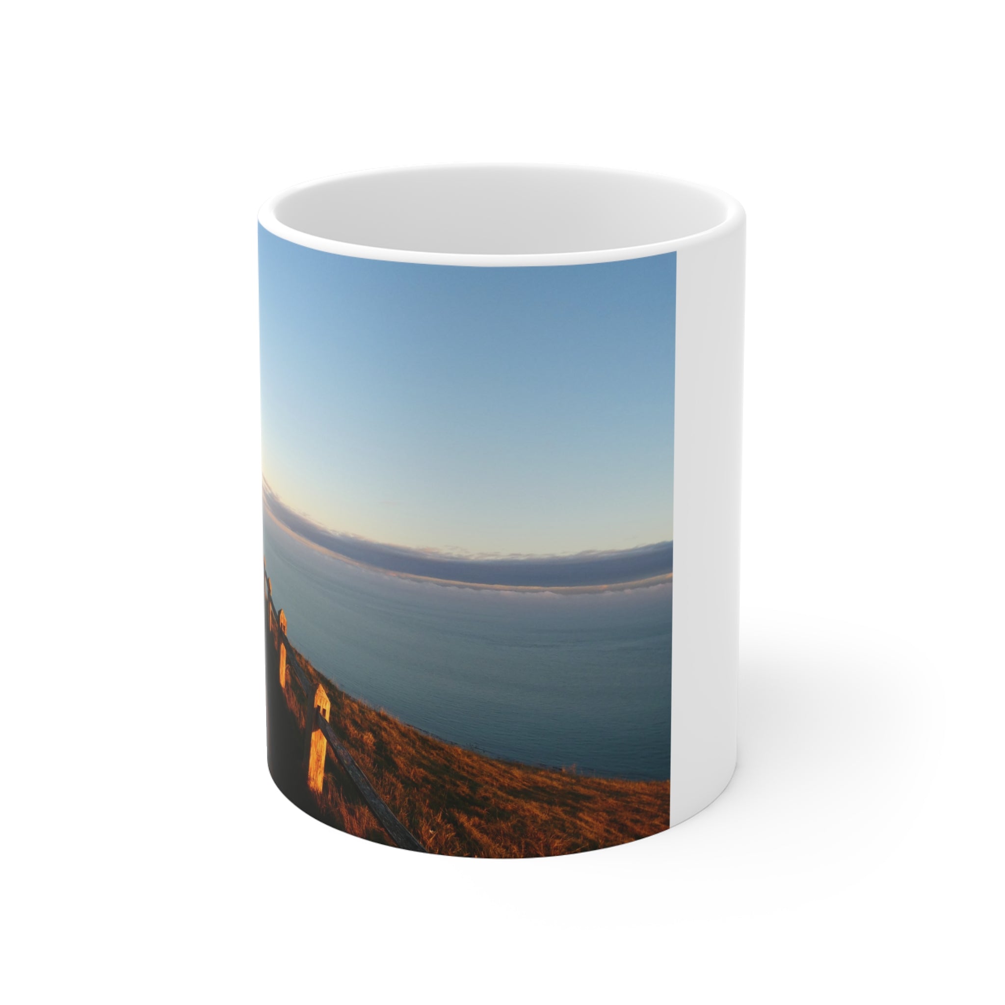Scenic Cliffside Sunrise Mug | 11oz Coastal Landscape Coffee Cup | Nature Gift