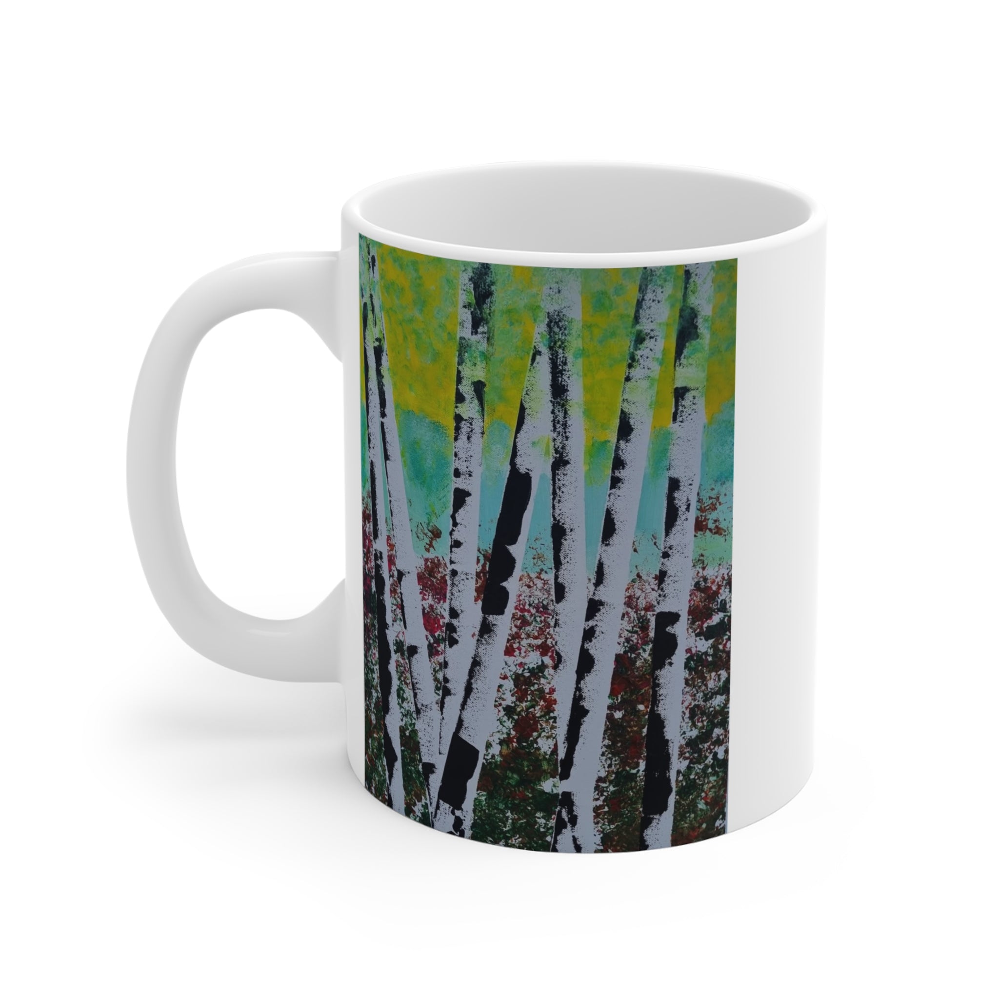 Birch Forest Art Mug – 11oz Ceramic Coffee Cup with Abstract Aspen Tree Design