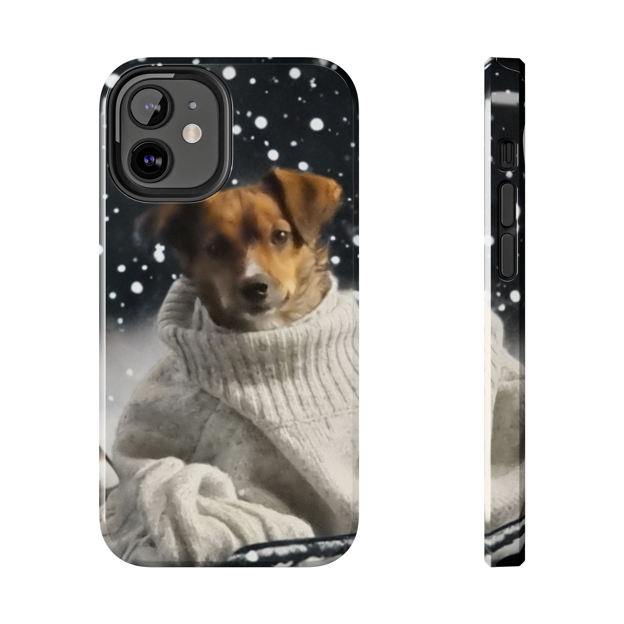 Winter Dog Tough Phone Case | Cute Puppy in Sweater Snowfall Protective Cover | Pet Lover Gift