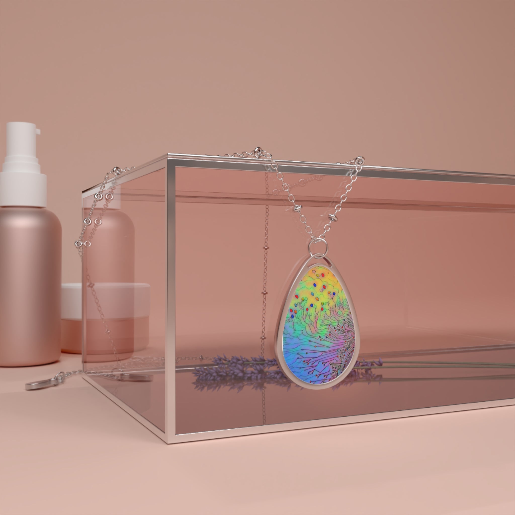 Rainbow Teardrop Oval Necklace — Iridescent Abstract Pendant Jewelry