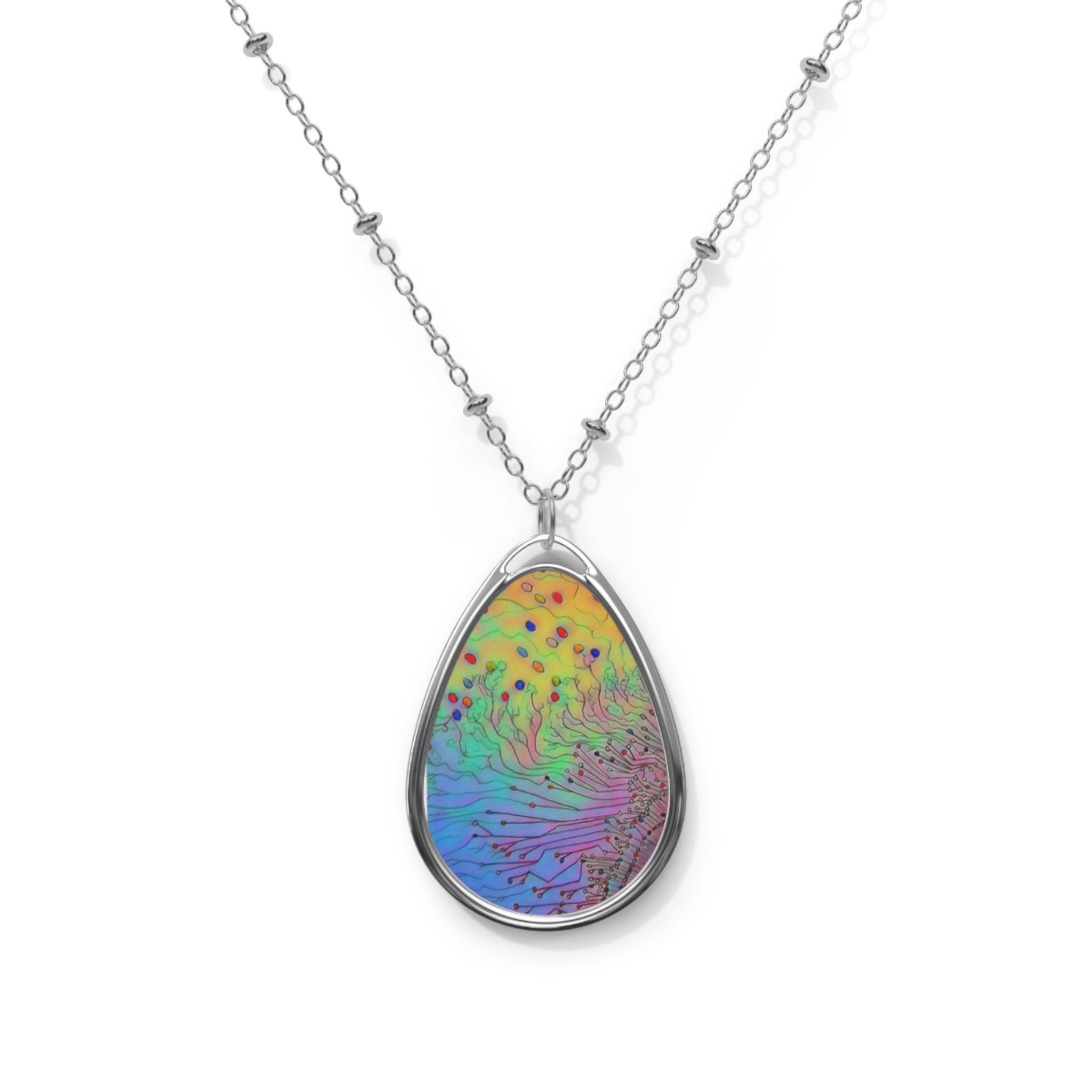 Rainbow Teardrop Oval Necklace — Iridescent Abstract Pendant Jewelry
