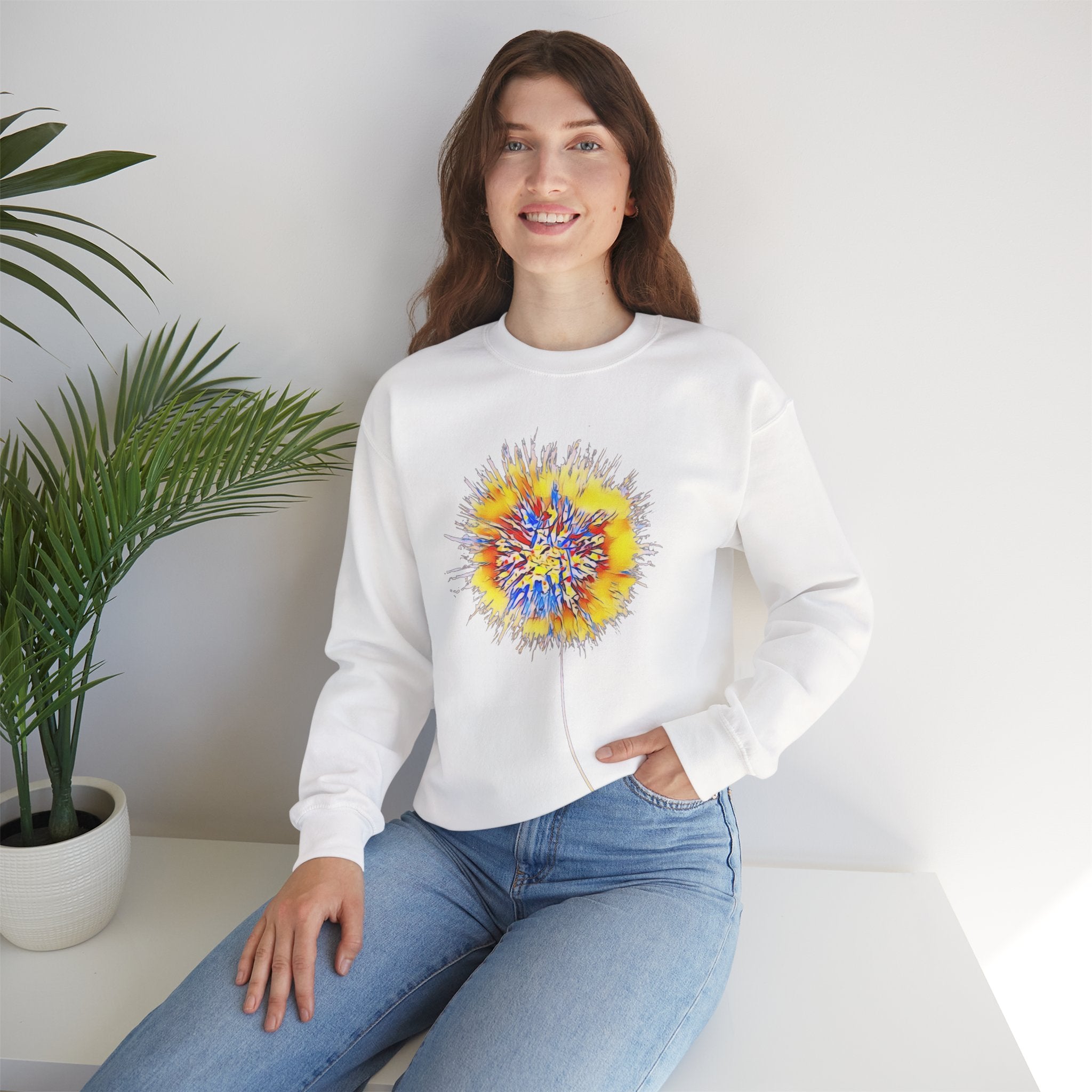 Sunburst Abstract Crewneck Sweatshirt — Colorful Floral Explosion Graphic