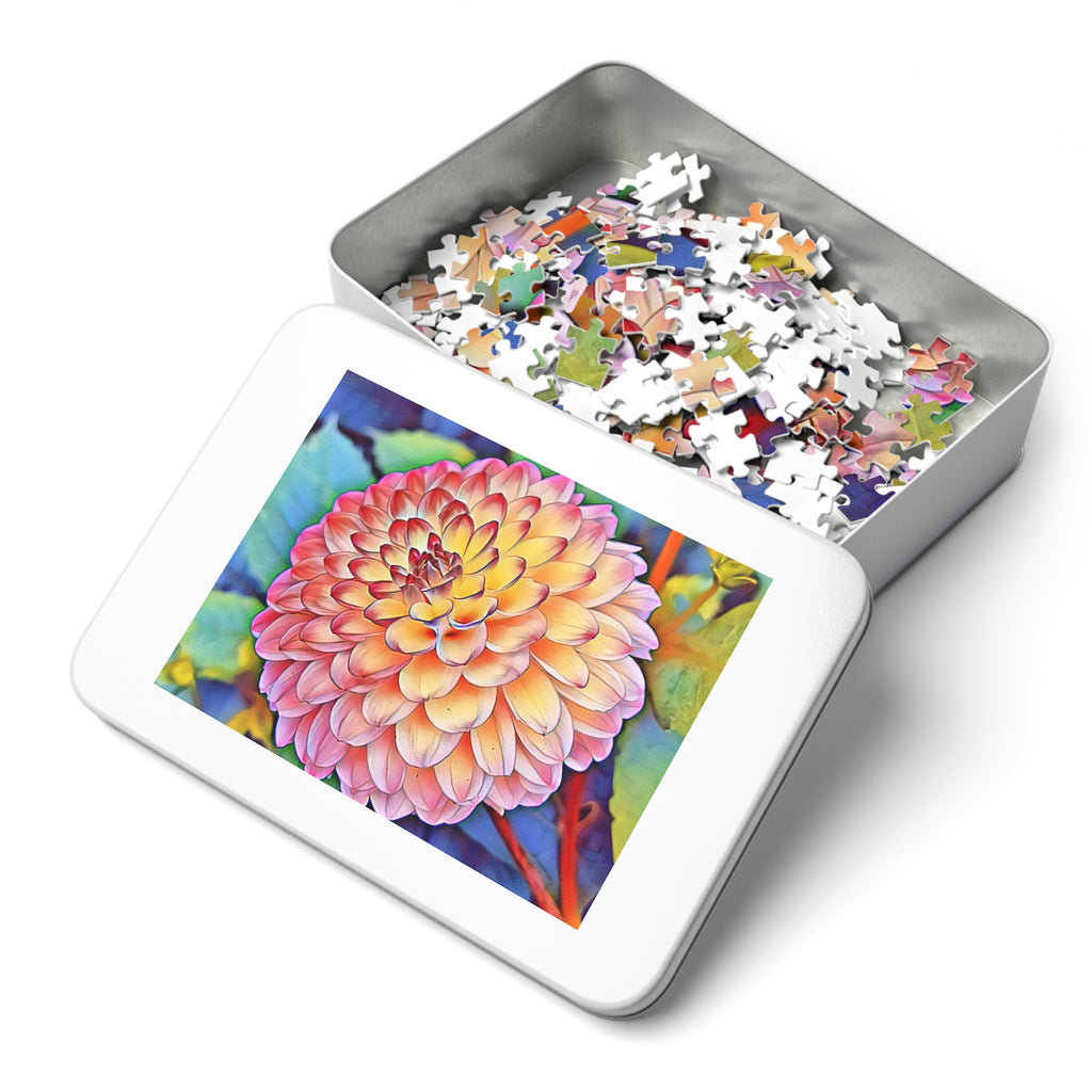 Floral Dahlia Jigsaw Puzzle with Tin — 500-Piece Vibrant Flower Puzzle Gift