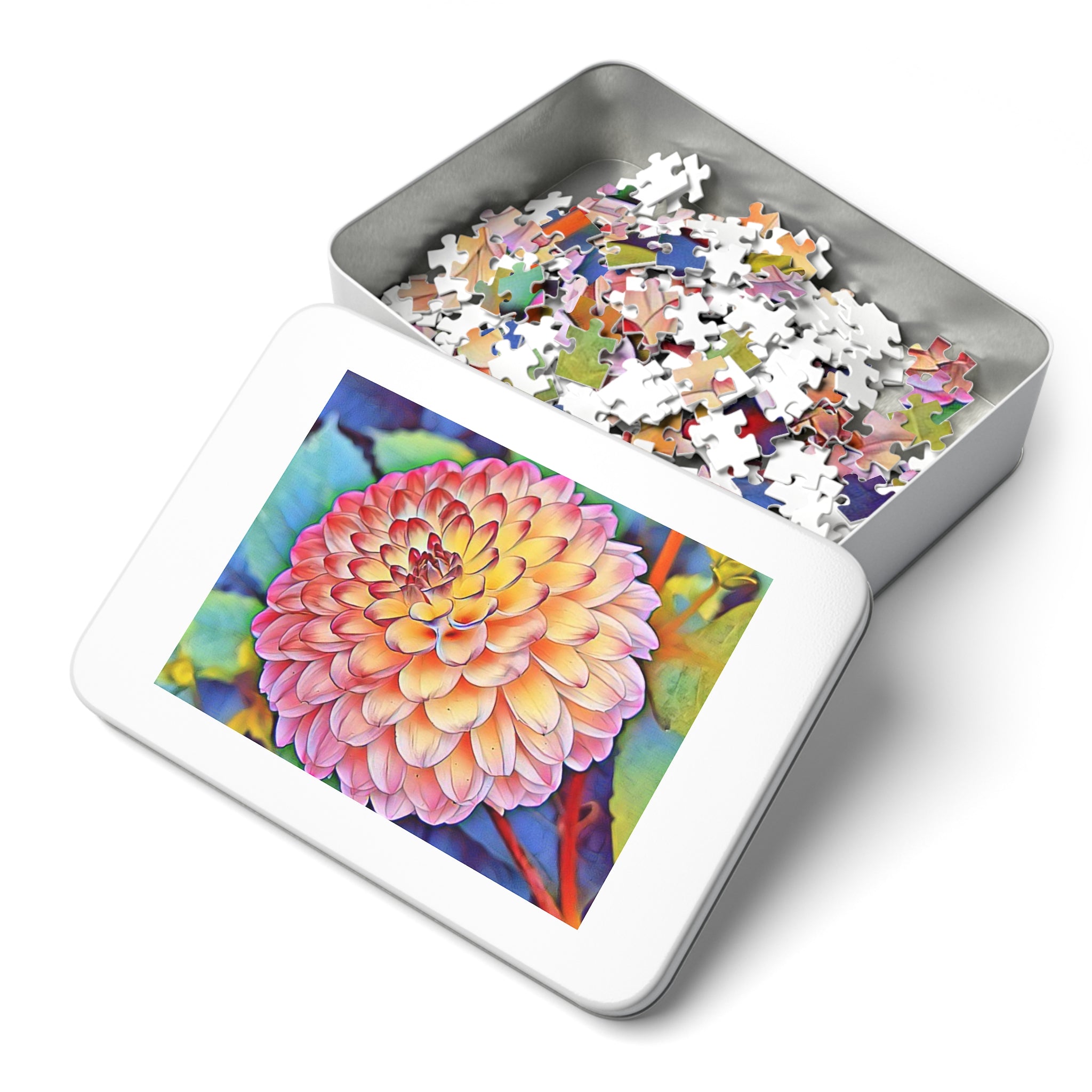 Floral Dahlia Jigsaw Puzzle with Tin — 500-Piece Vibrant Flower Puzzle Gift