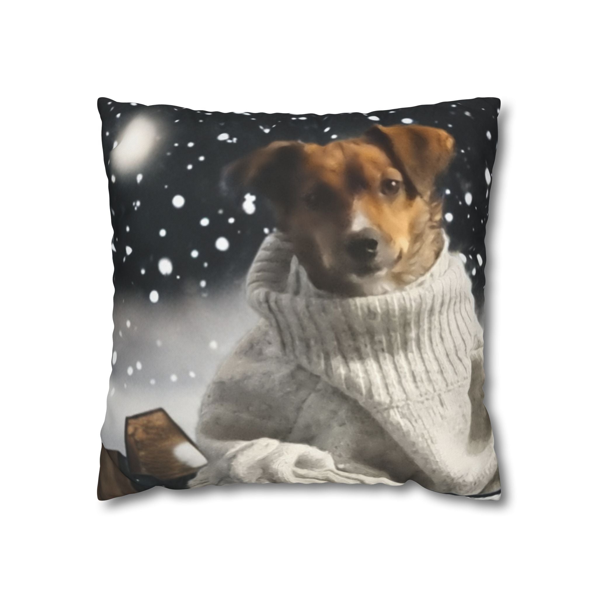 Cozy Winter Dog Pillowcase – Jack Russell/Dacshund in Sweater Snowy Throw Pillow Cover