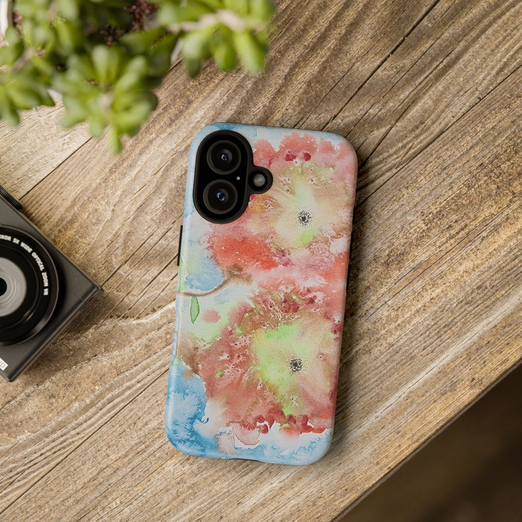 Floral Watercolor Tough Phone Case — Pastel Pink & Blue Protective Cover