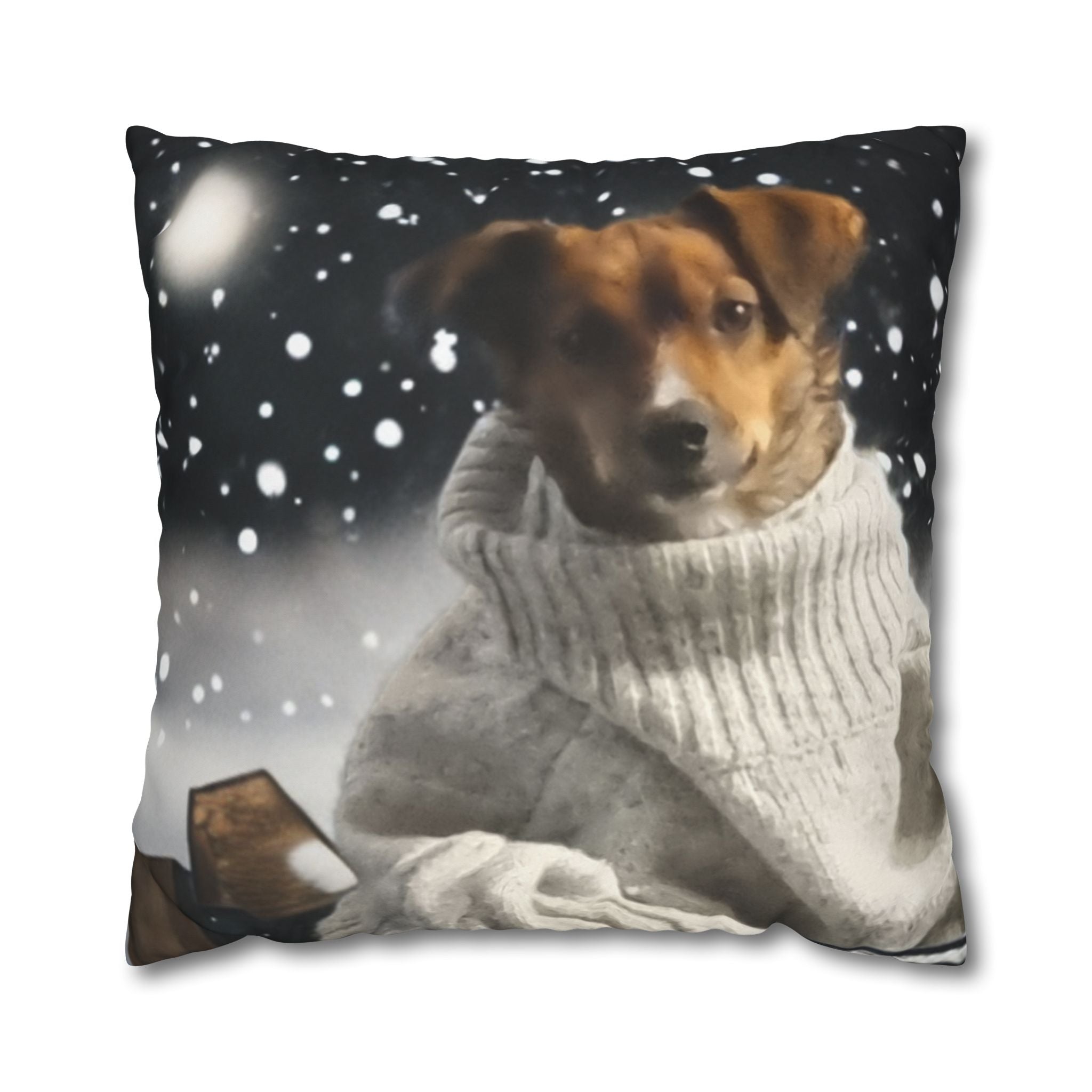 Cozy Winter Dog Pillowcase – Jack Russell/Dacshund in Sweater Snowy Throw Pillow Cover