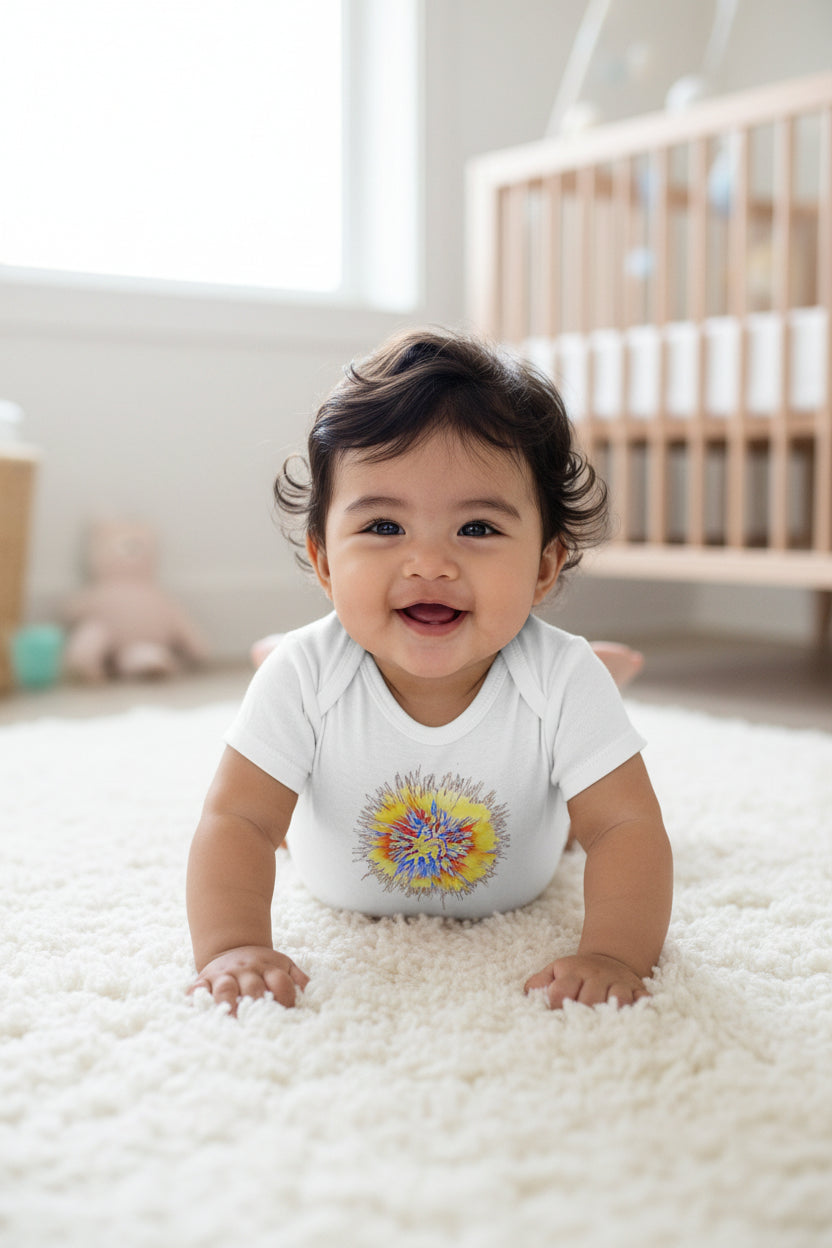 Infant Bodysuit with Bright Sunburst Floral Graphic — Colorful Baby Onesie