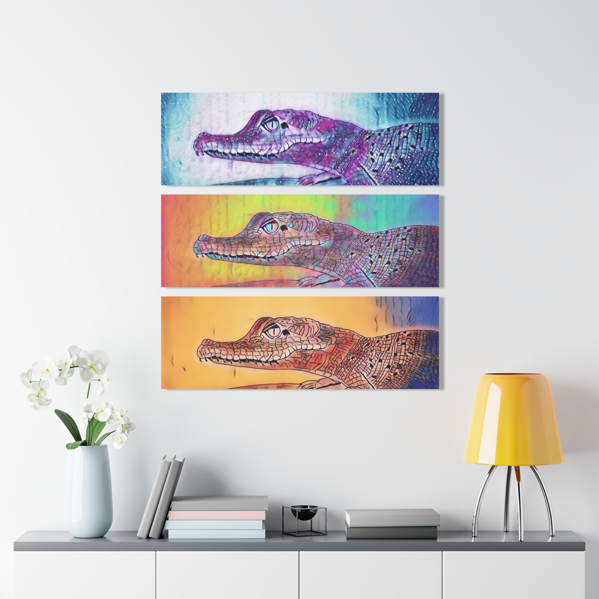 Colorful Triptych Alligator Acrylic Wall Art — Vibrant Panorama