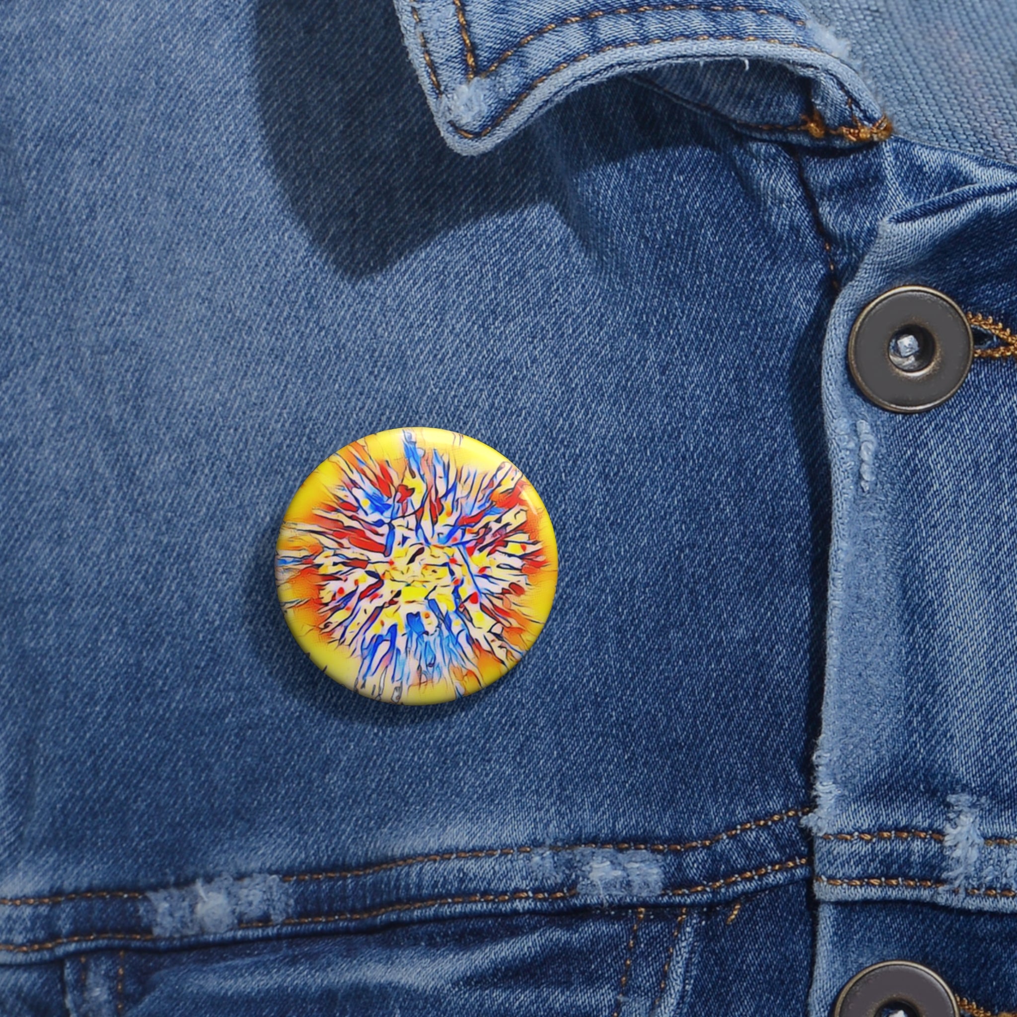 Abstract Sunburst Pin Button — Colorful Tie-Dye Accessory