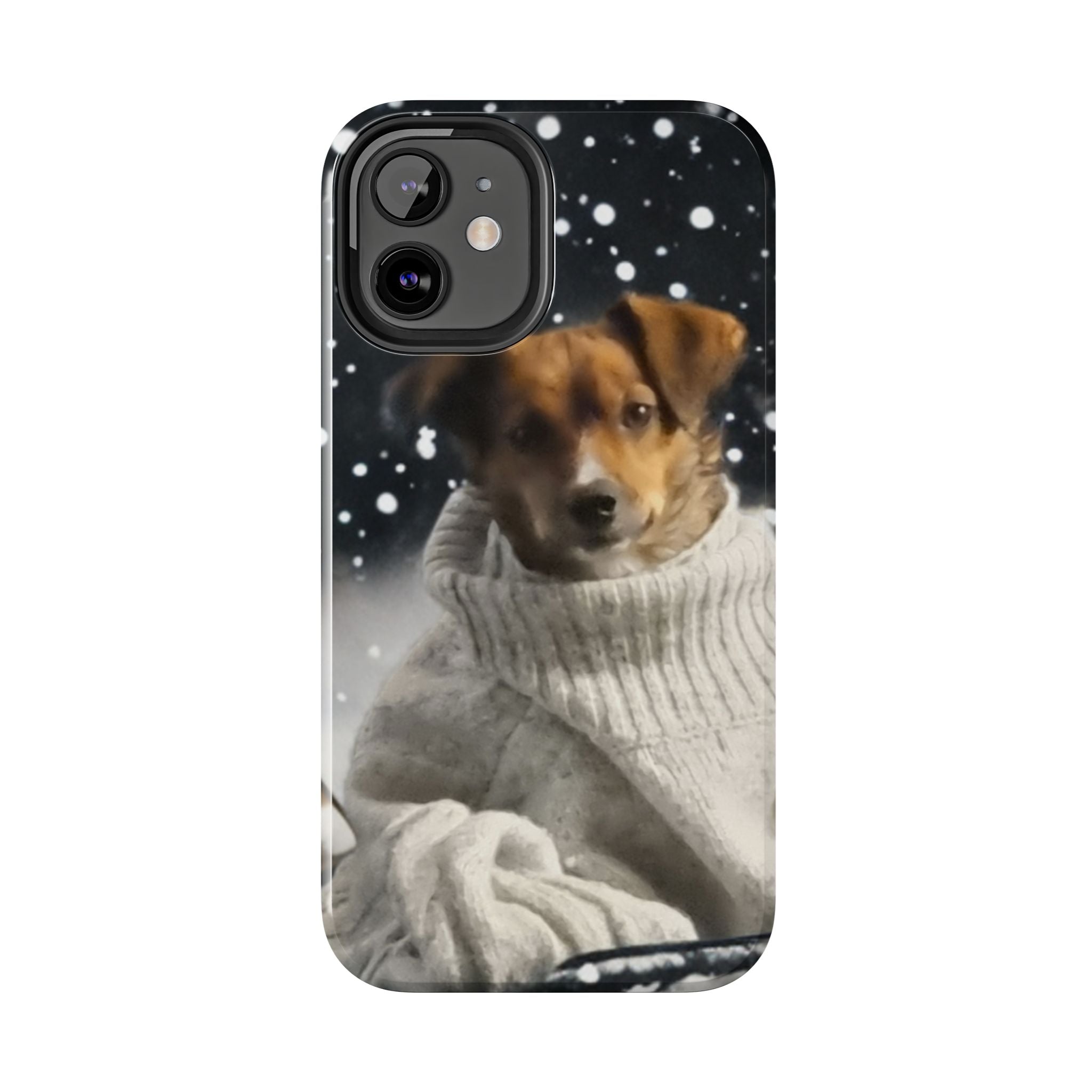 Winter Dog Tough Phone Case — Cute Puppy in Sweater Snowfall Protective Cover