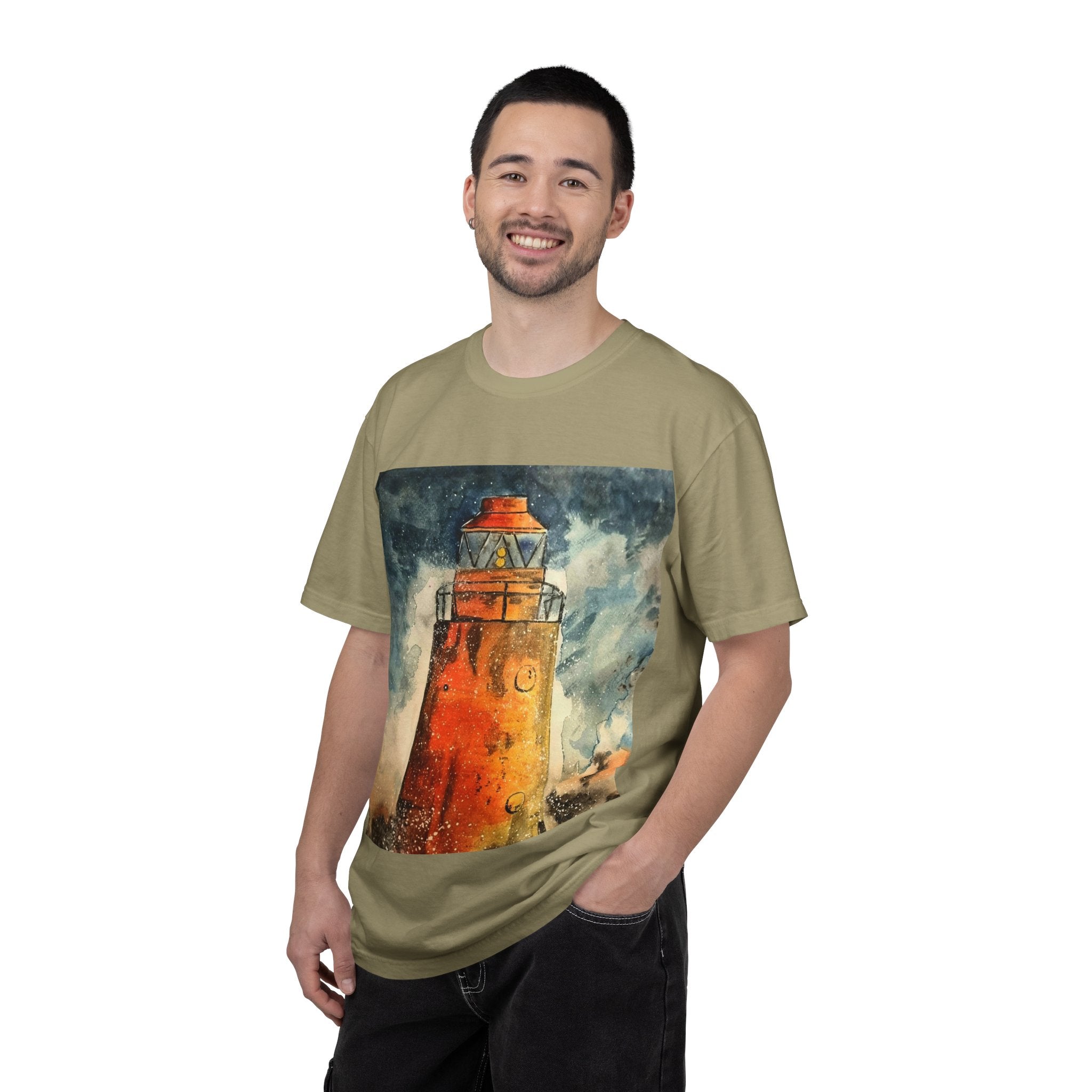 Orange Lighthouse Watercolor T-shirt | Nautical Coastal Art Tee | Beach Lover Gift