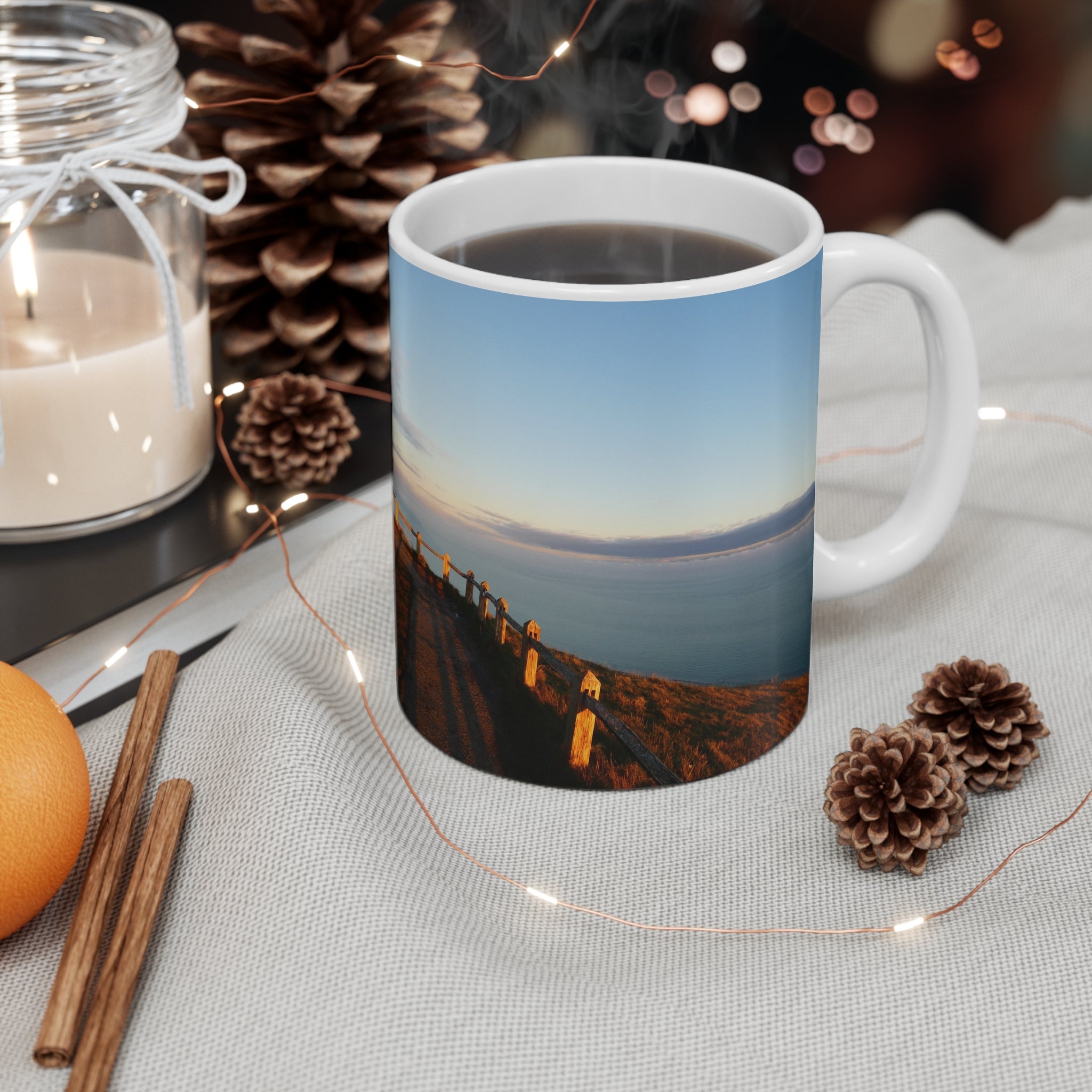 Coastal Sunrise Photo Mug — Scenic Ocean View 11oz Coffee Cup