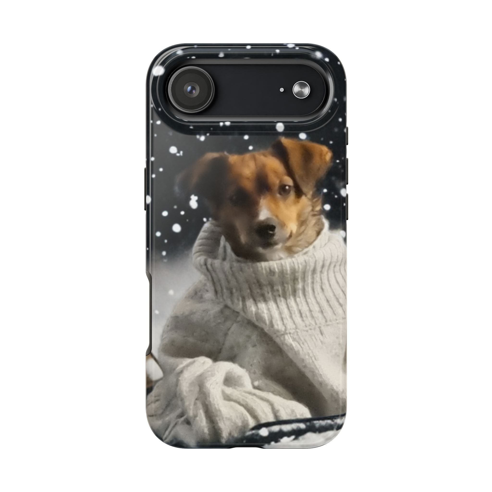 Winter Dog Tough Phone Case — Cute Puppy in Sweater Snowfall Protective Cover