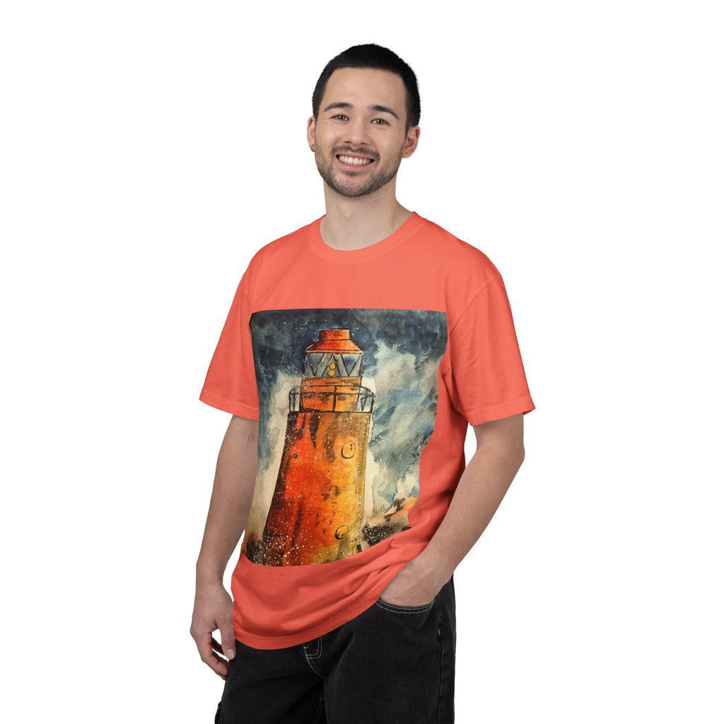 Orange Lighthouse Watercolor T-shirt | Nautical Coastal Art Tee | Beach Lover Gift