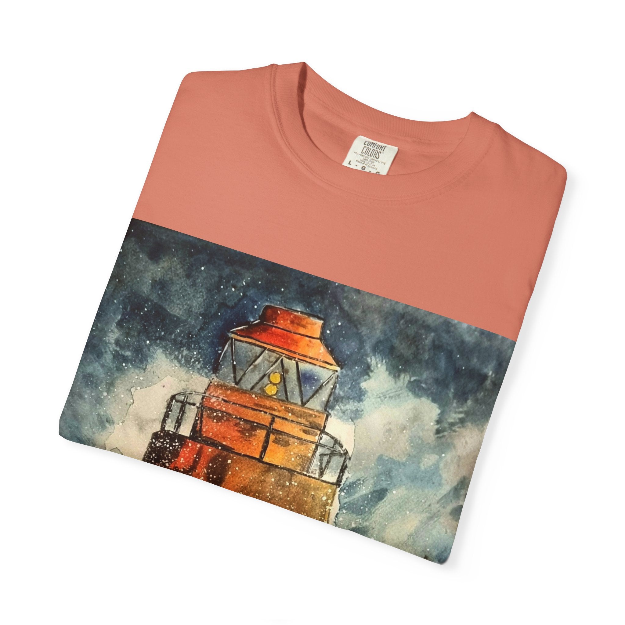Orange Lighthouse Watercolor T-shirt | Nautical Coastal Art Tee | Beach Lover Gift