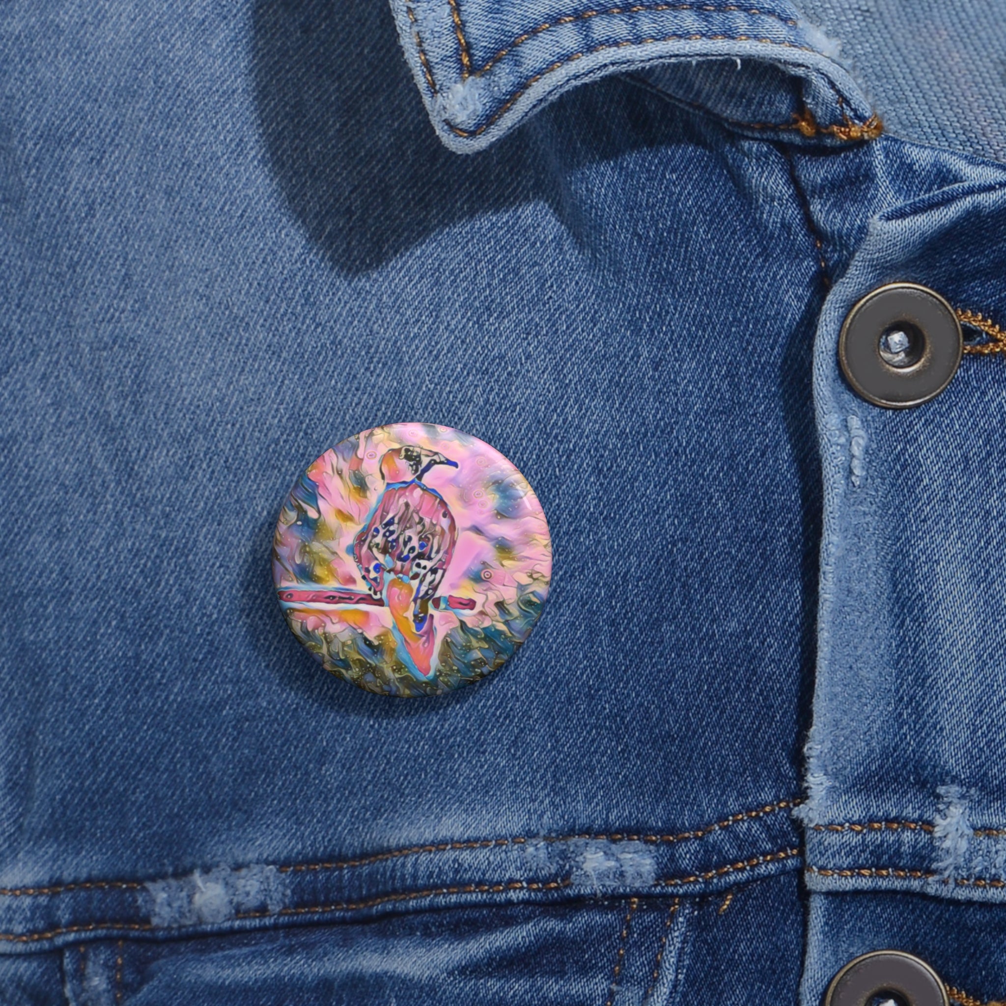 Bird Art Pin Button — Colorful Abstract Hummingbird Button Badge