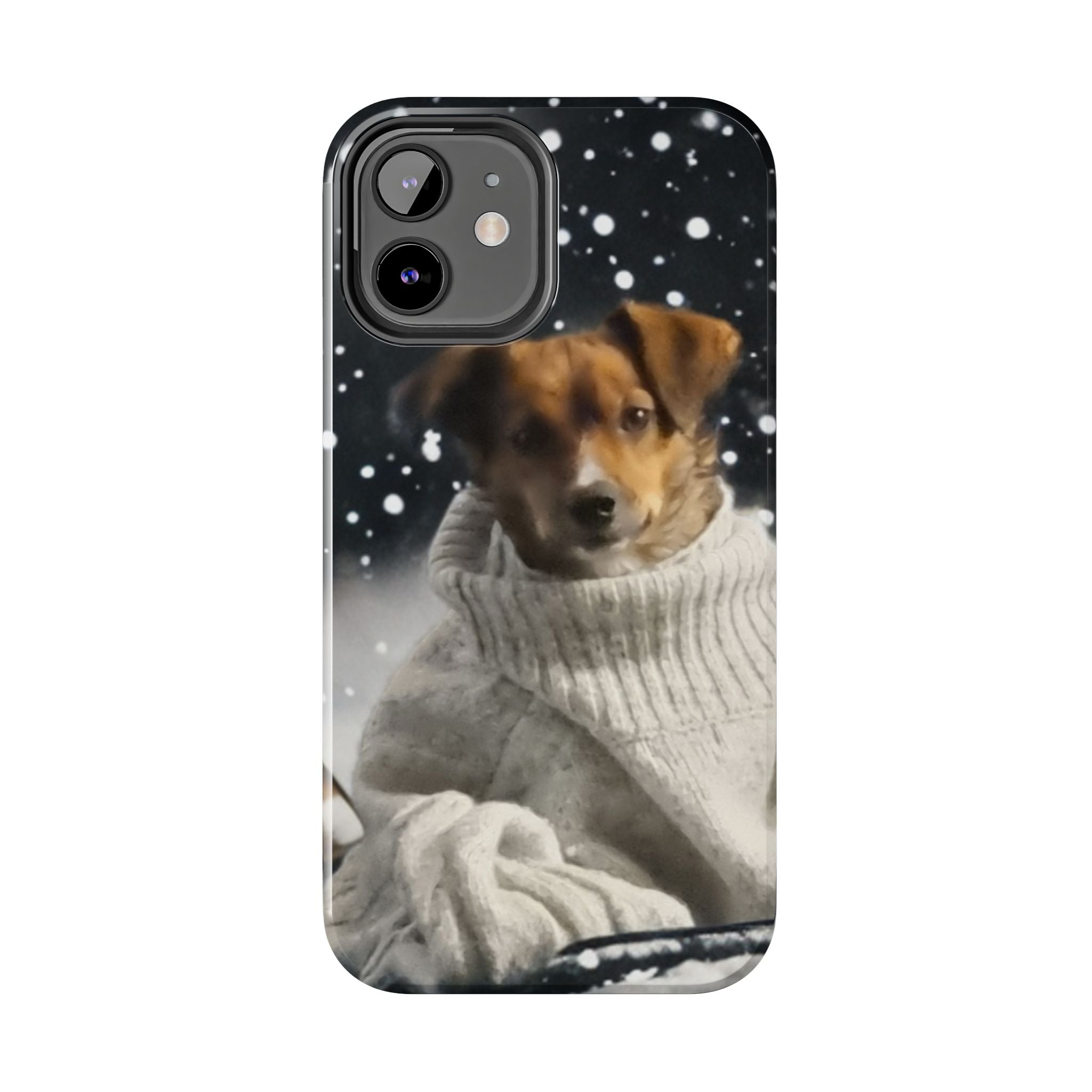 Winter Dog Tough Phone Case — Cute Puppy in Sweater Snowfall Protective Cover