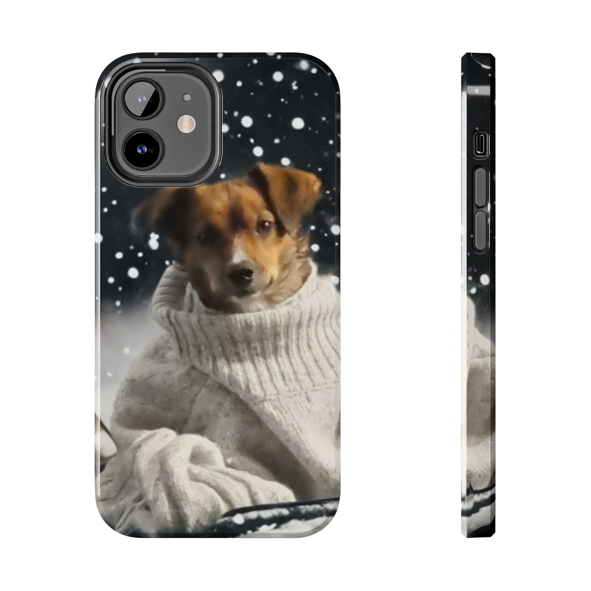 Winter Dog Tough Phone Case | Cute Puppy in Sweater Snowfall Protective Cover | Pet Lover Gift