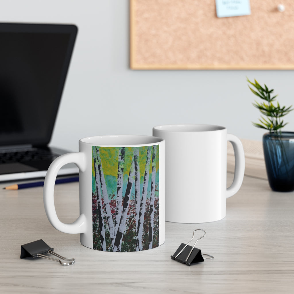 Birch Forest Art Mug – 11oz Ceramic Coffee Cup with Abstract Aspen Tree Design