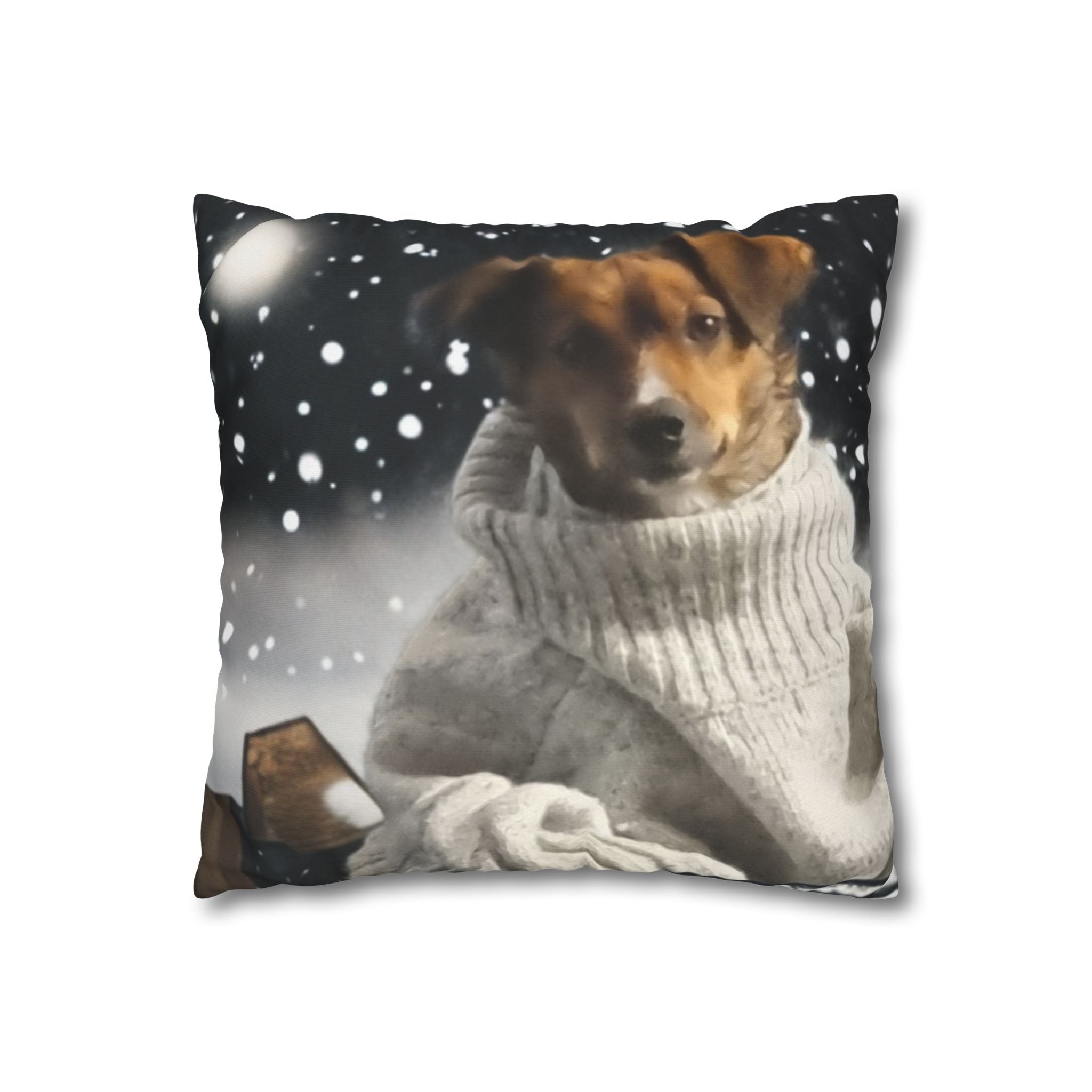 Cozy Winter Dog Pillowcase – Jack Russell/Dacshund in Sweater Snowy Throw Pillow Cover