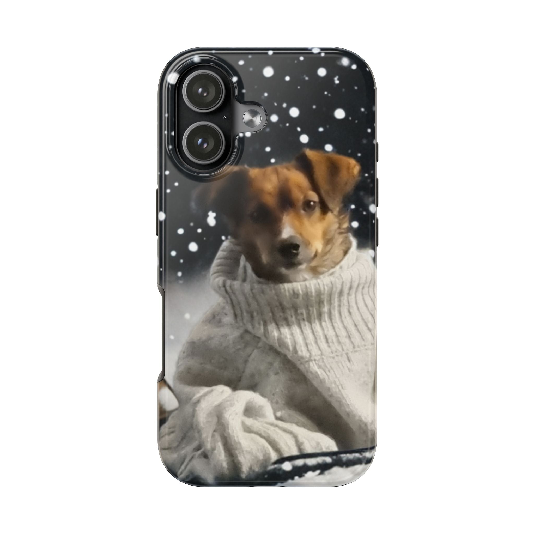 Winter Dog Tough Phone Case — Cute Puppy in Sweater Snowfall Protective Cover