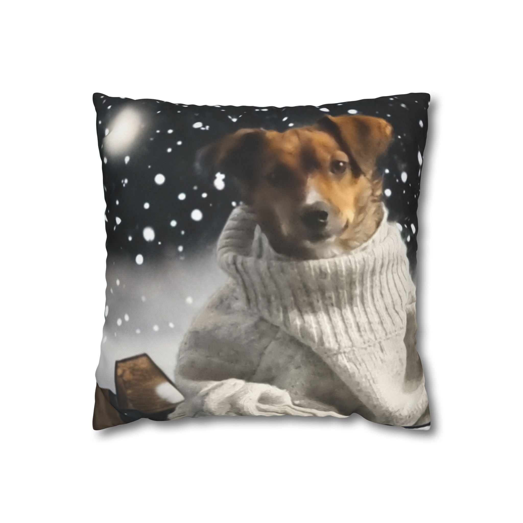 Cozy Winter Dog Pillowcase – Jack Russell/Dacshund in Sweater Snowy Throw Pillow Cover