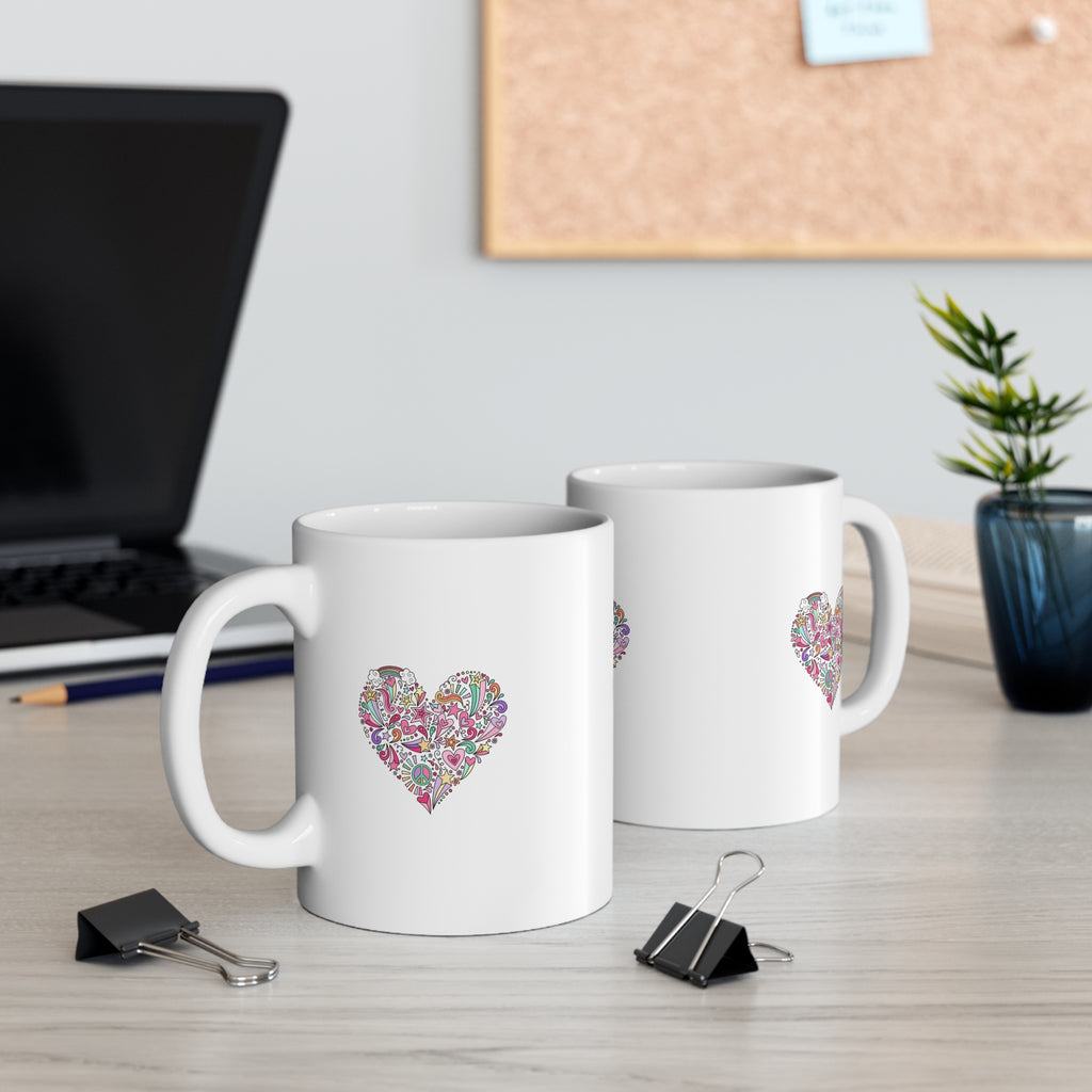 Floral Heart Ceramic Mug — 11oz Decorative Tea & Coffee Cup