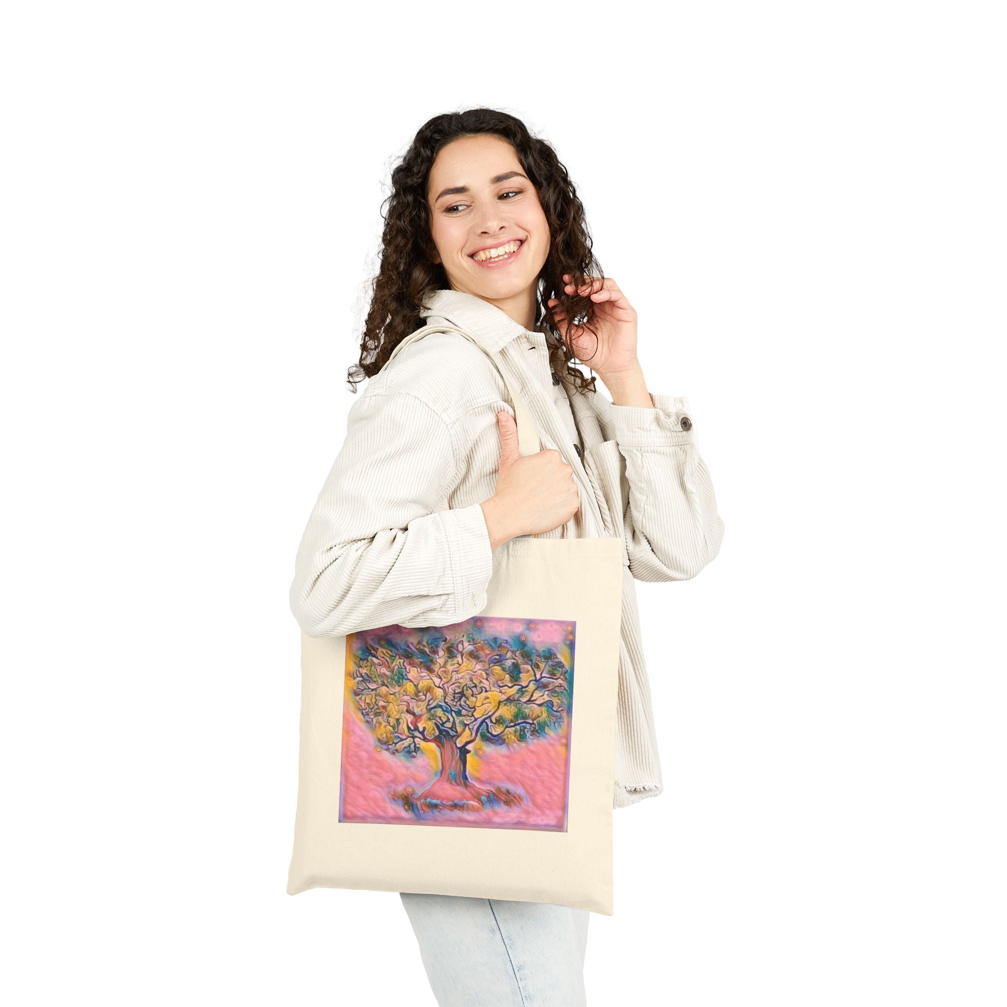Canvas Tote Bag — Pink Dream Tree Art Tote, Boho Floral Market Bag