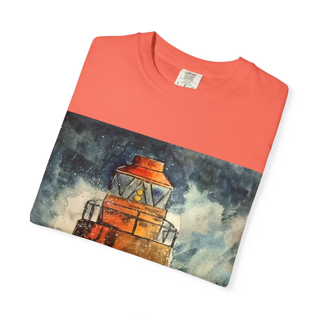 Orange Lighthouse Watercolor T-shirt | Nautical Coastal Art Tee | Beach Lover Gift