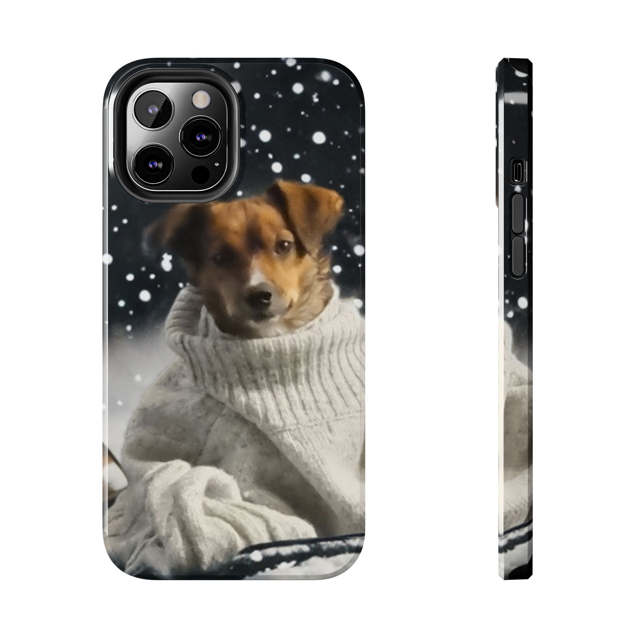 Winter Dog Tough Phone Case — Cute Puppy in Sweater Snowfall Protective Cover