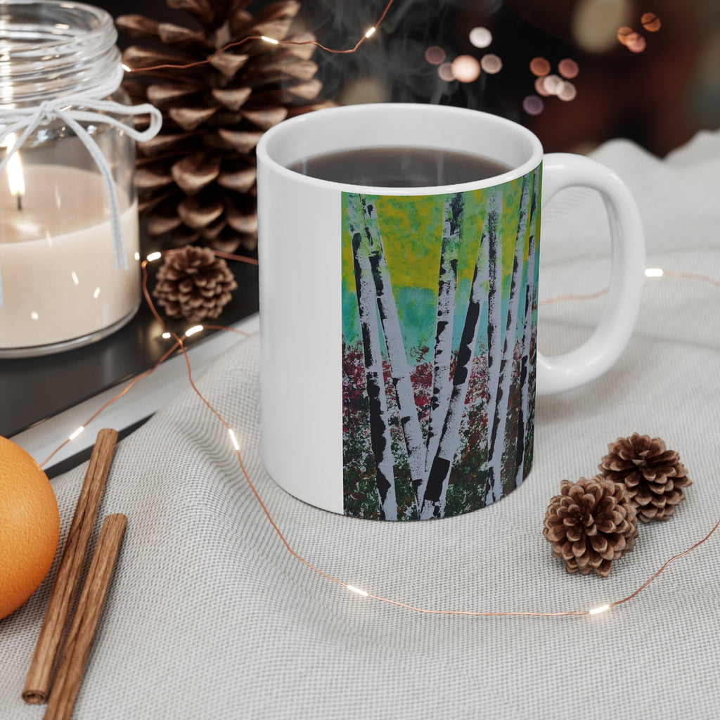 Colorful Abstract Birch Trees Mug | 11oz Coffee Cup | Artistic Nature Design Gift