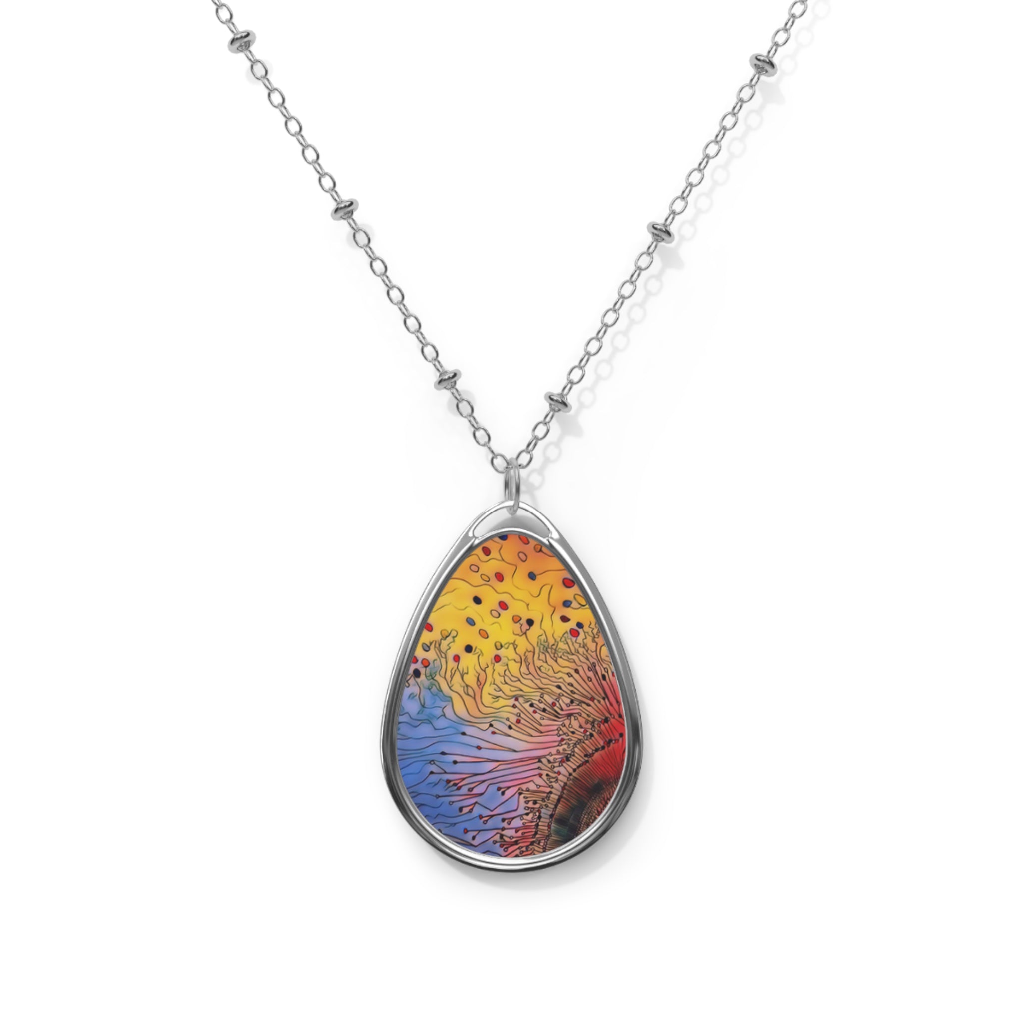 Color Burst Oval Pendant Necklace — Abstract Floral Art Teardrop Necklace